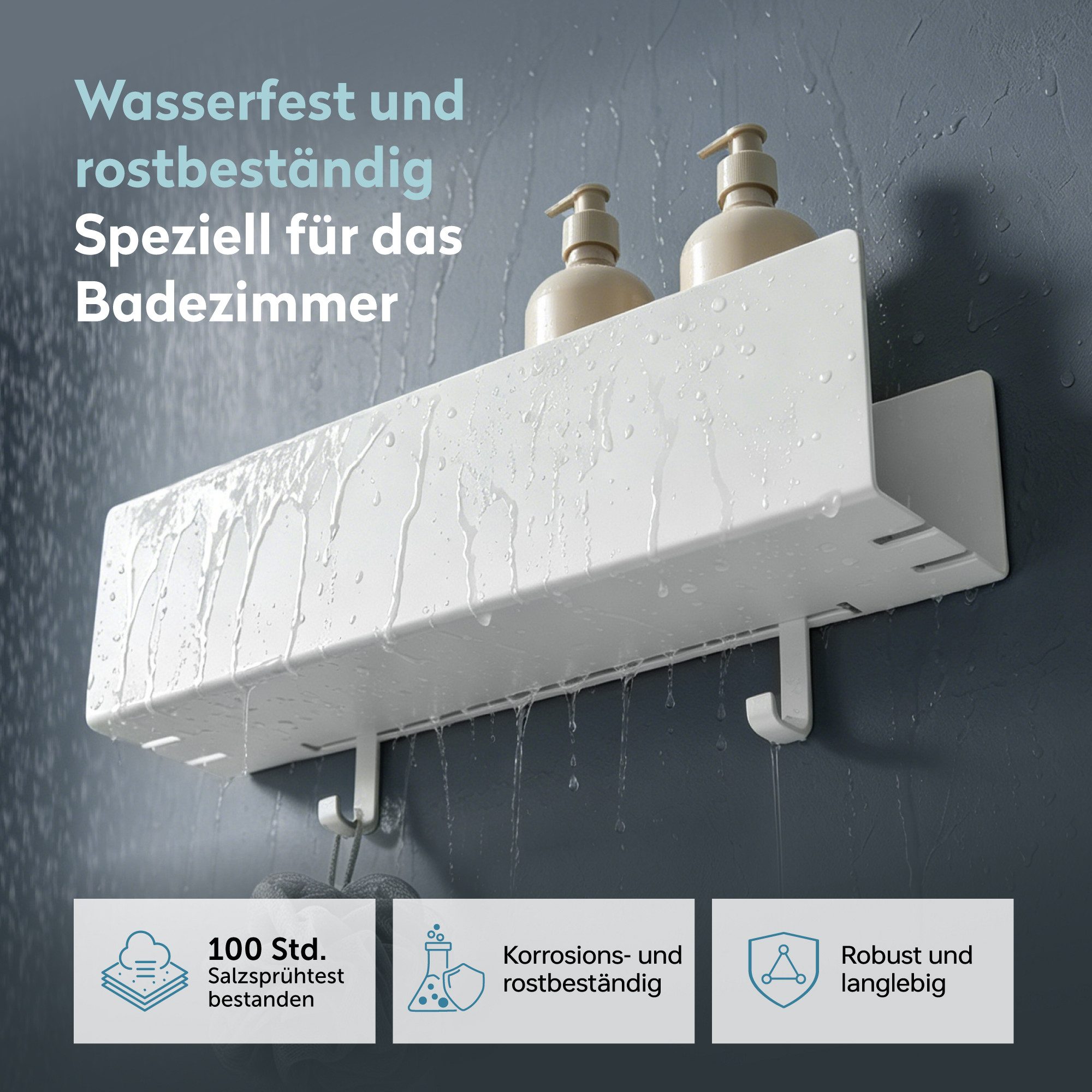 doporro Duschablage Duschregal Wandregal 40cm mit 2 Haken aus Carbonstahl Reglo-18, Offene Drainagestruktur,erhöhter Schutzrand,2 abnehmbare Haken – Bild 5 von 5