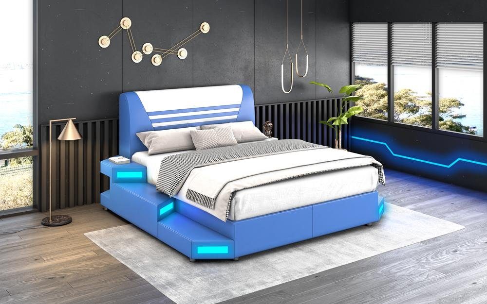 JVmoebel Bett Luxus Led Beleuchtetes Schlafzimmer Bett Lederbett 180x200 Möbel (Bett) Blau