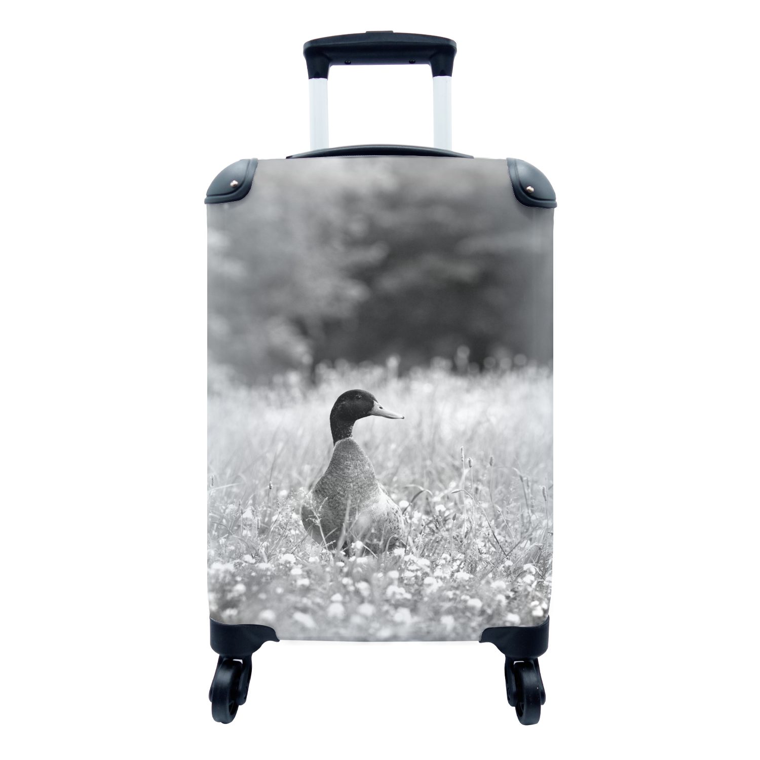 MuchoWow Handgepäckkoffer Eine Stockente in einem blühenden Grasfeld - schwarz und weiß, 4 Rollen, Reisetasche mit rollen, Handgepäck für Ferien, Trolley, Reisekoffer