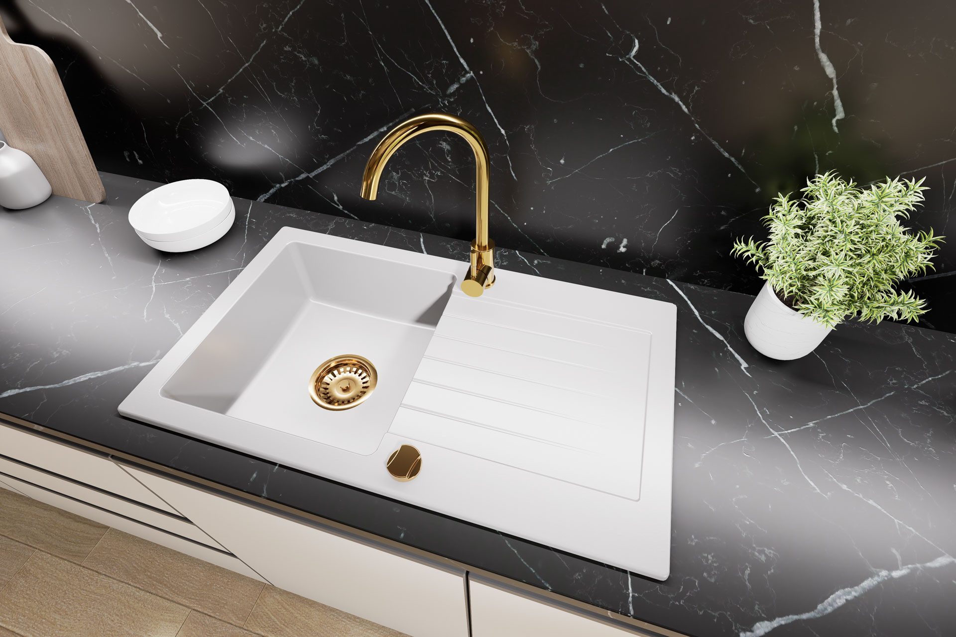 Faizee Möbel Granitspüle Granitspüle Küchenspüle inkl. Siphon Set Gold Einbauspüle 75x45, Rechteck, 75/45 cm