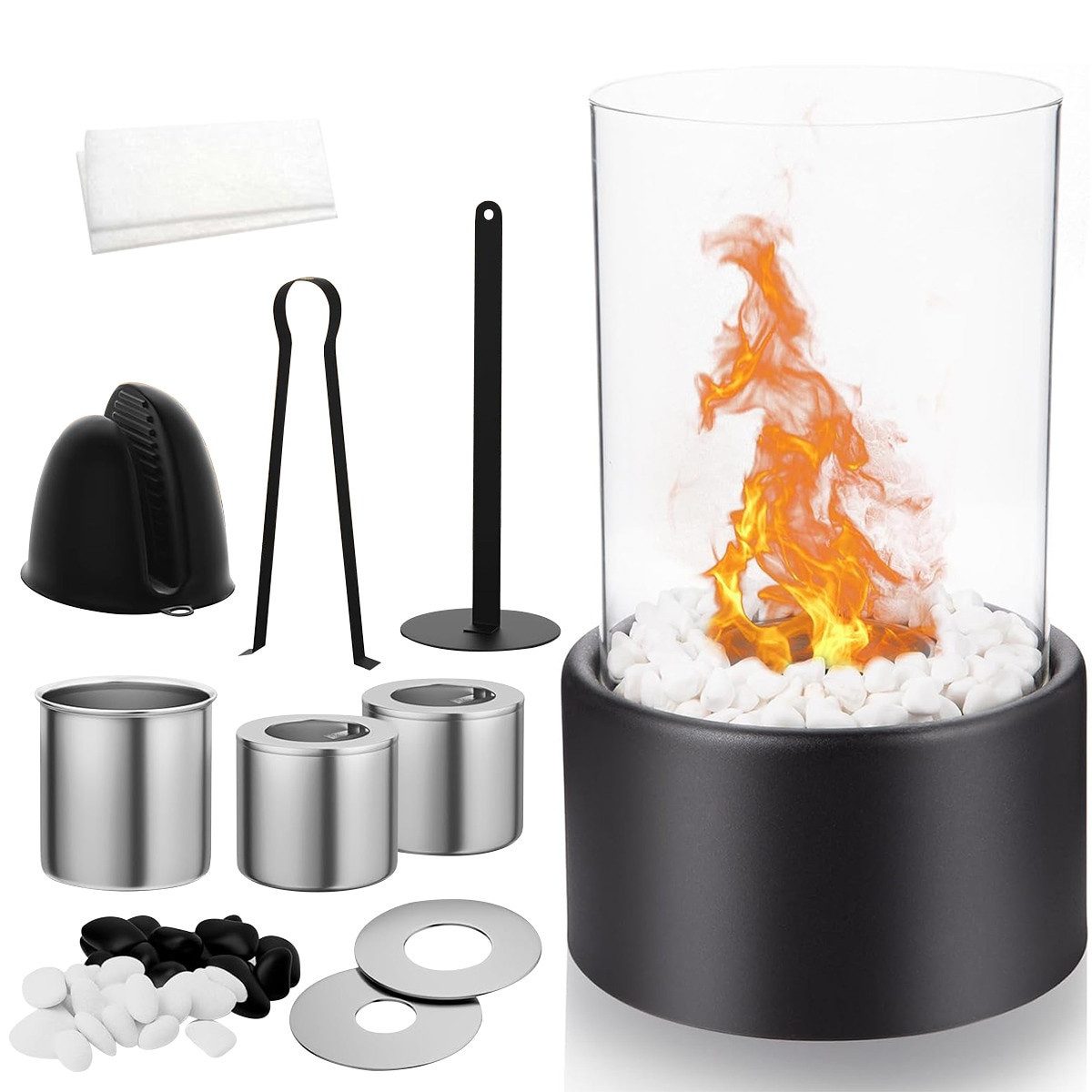 LaCute Tischfeuer Tischfeuer Tischkamin Bioethanol Kamin mit Glas Dekosteinen Schwarz (Tischfeuer Set mit 2 Brennkammern Flammenringen Zange und Handschuhen, Bioethanol Tischkamin Komplettset inklusive Zubehör für innen außen), Freistehender Tischkamin aus Glas und Stahl mit Löschhilfe 10tlg Set