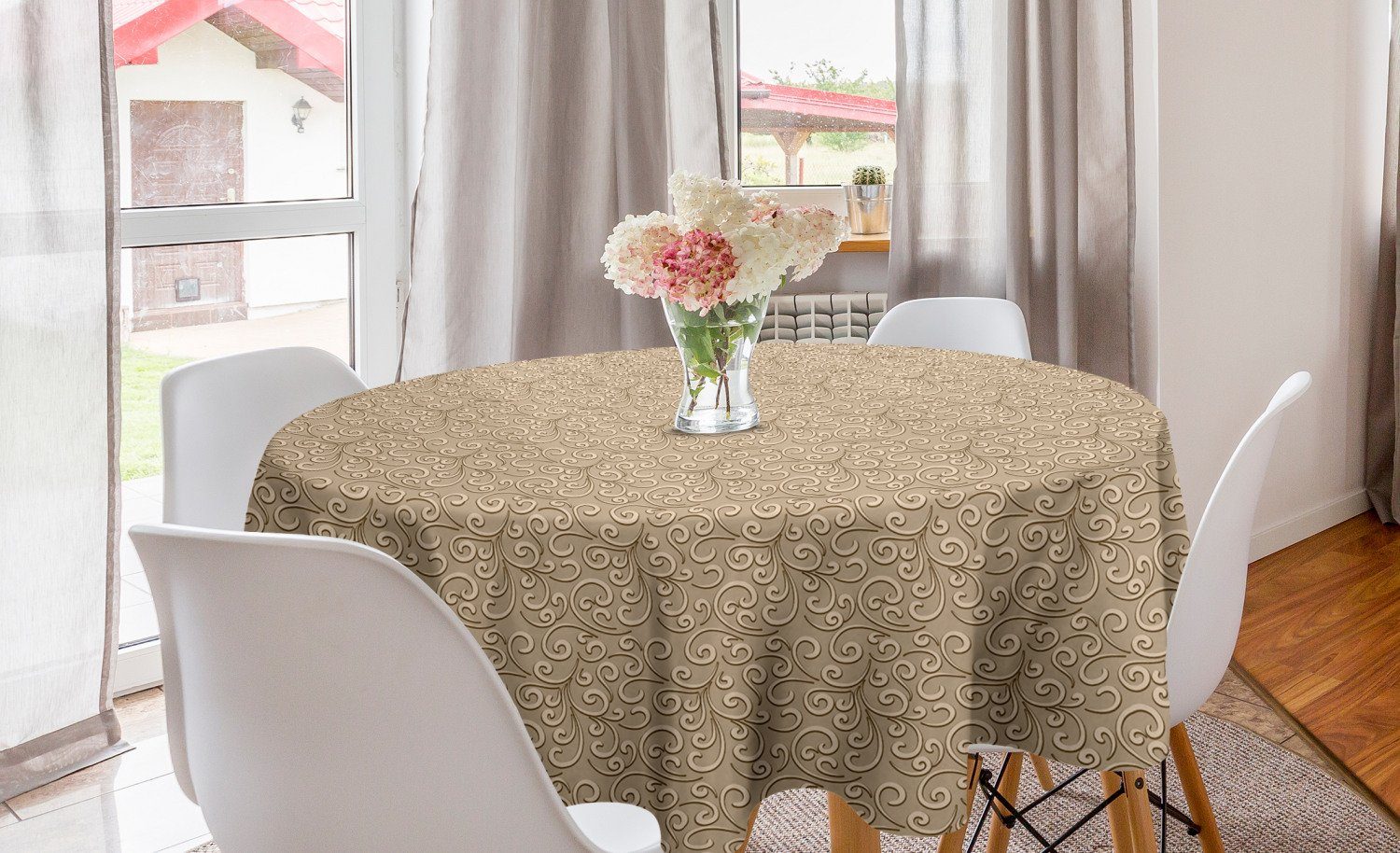 Dekoration, Tischdecke Esszimmer Küche Abakuhaus für Abdeckung Victorian Beige Tischdecke Kreis Damast-Blumen