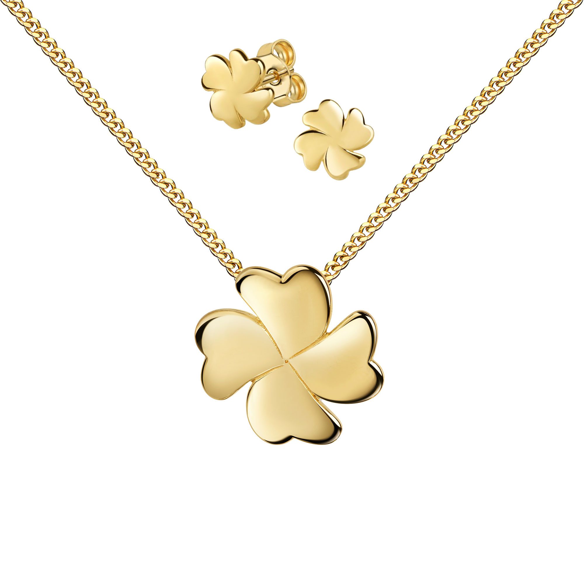 JEVELION Schmuckset 333 Gold Anhänger Kleeblatt mit 2x Ohrstecker 333 Gelbgold (Goldanhänger + Gold-Ohrschmuck, für Damen und Mädchen), Mit Kette vergoldet- Länge wählbar 36 - 70 cm oder ohne Kette.