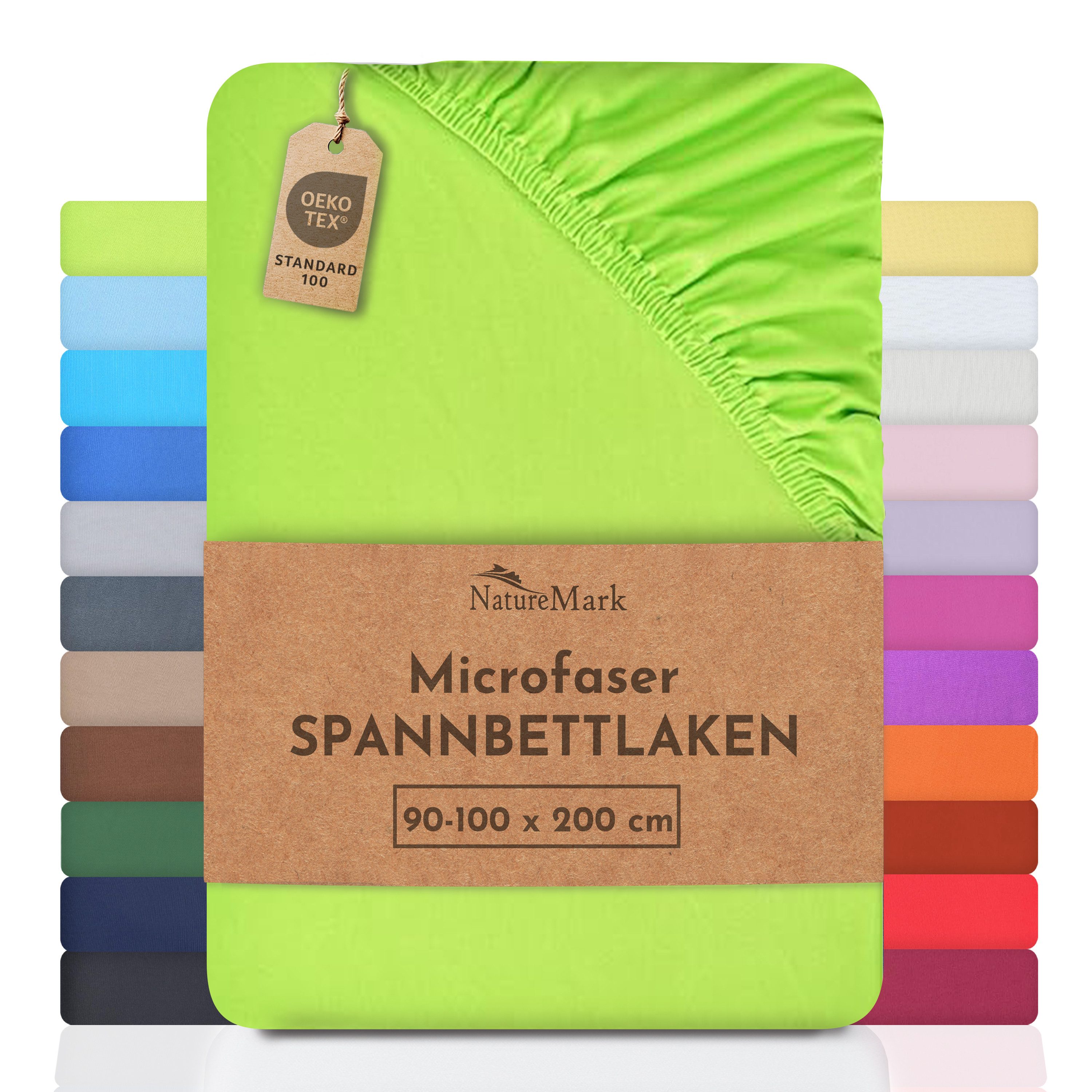 NatureMark Spannbettlaken Mikrofaser Spannbetttuch, Polyester, Gummizug: rundum, viele Größen und Farben Markenware, 90x200cm, Apfel grün