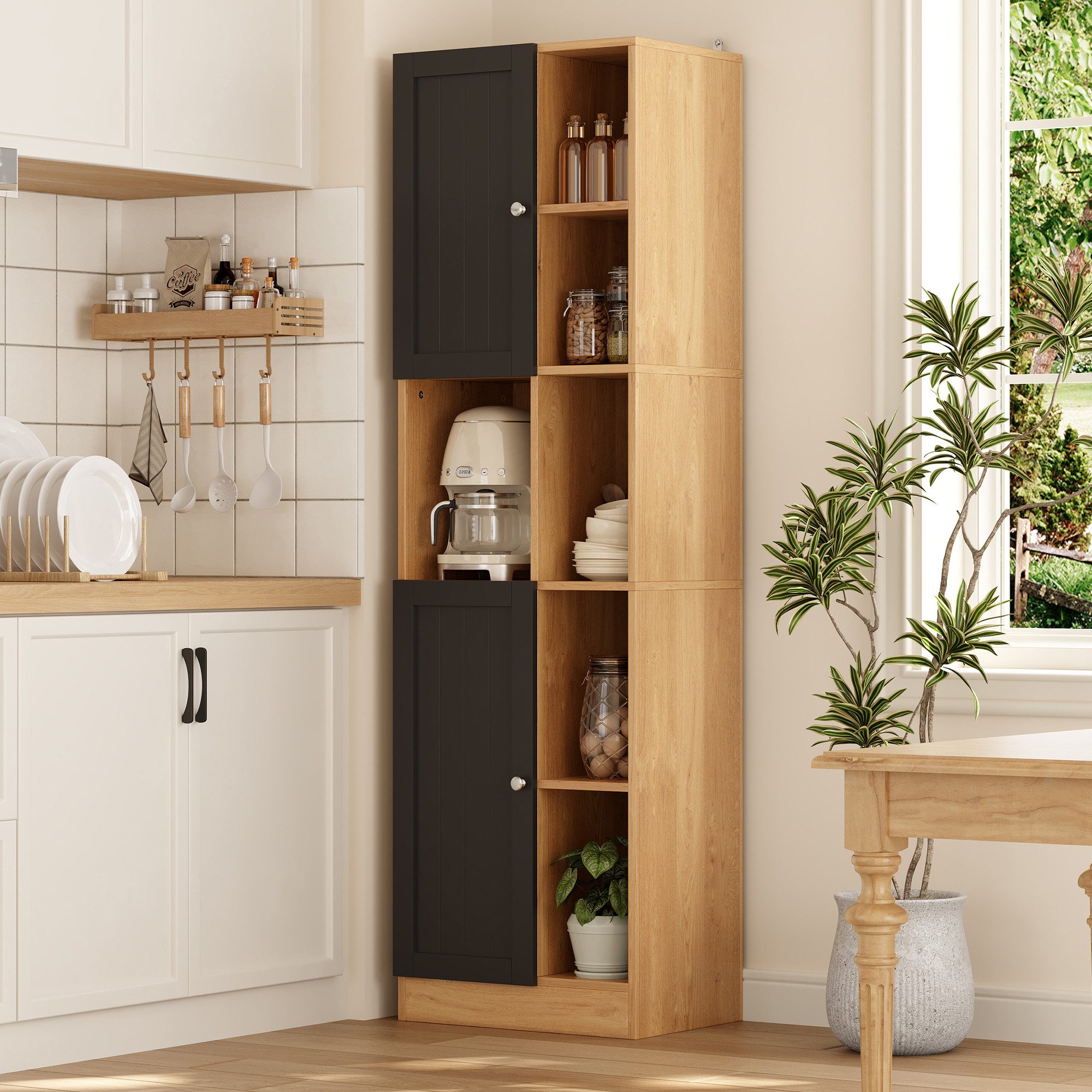 Fine Life Pro Sideboard Eckschrank Anthrazit/Eiche,6 offene Regale,2 Türen,Böden verstellbar