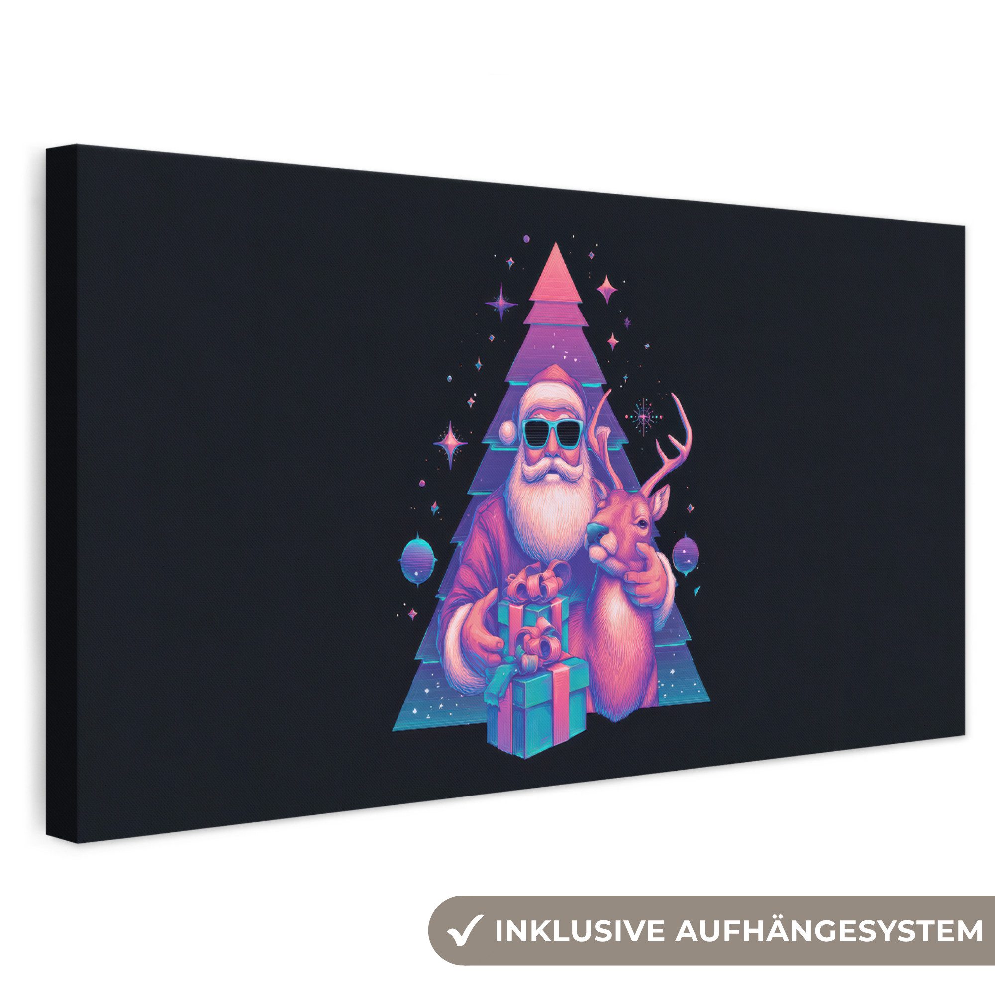 OneMillionCanvasses® Leinwandbild Panorama Retro - Weihnachtsmann - Rentier - Weihnachtsbaum, Fotodruck (1 St), Wandbild, Deko Schlafzimmer Wohnzimmer Flur 40x20 cm