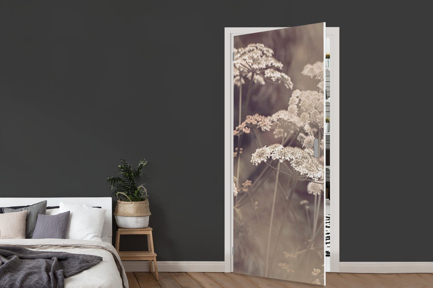 Türtapete bedruckt, Weiß St), Pflanze - - (1 Tür, Blumen, - 75x205 cm Türaufkleber, MuchoWow für Matt, Fototapete Natur