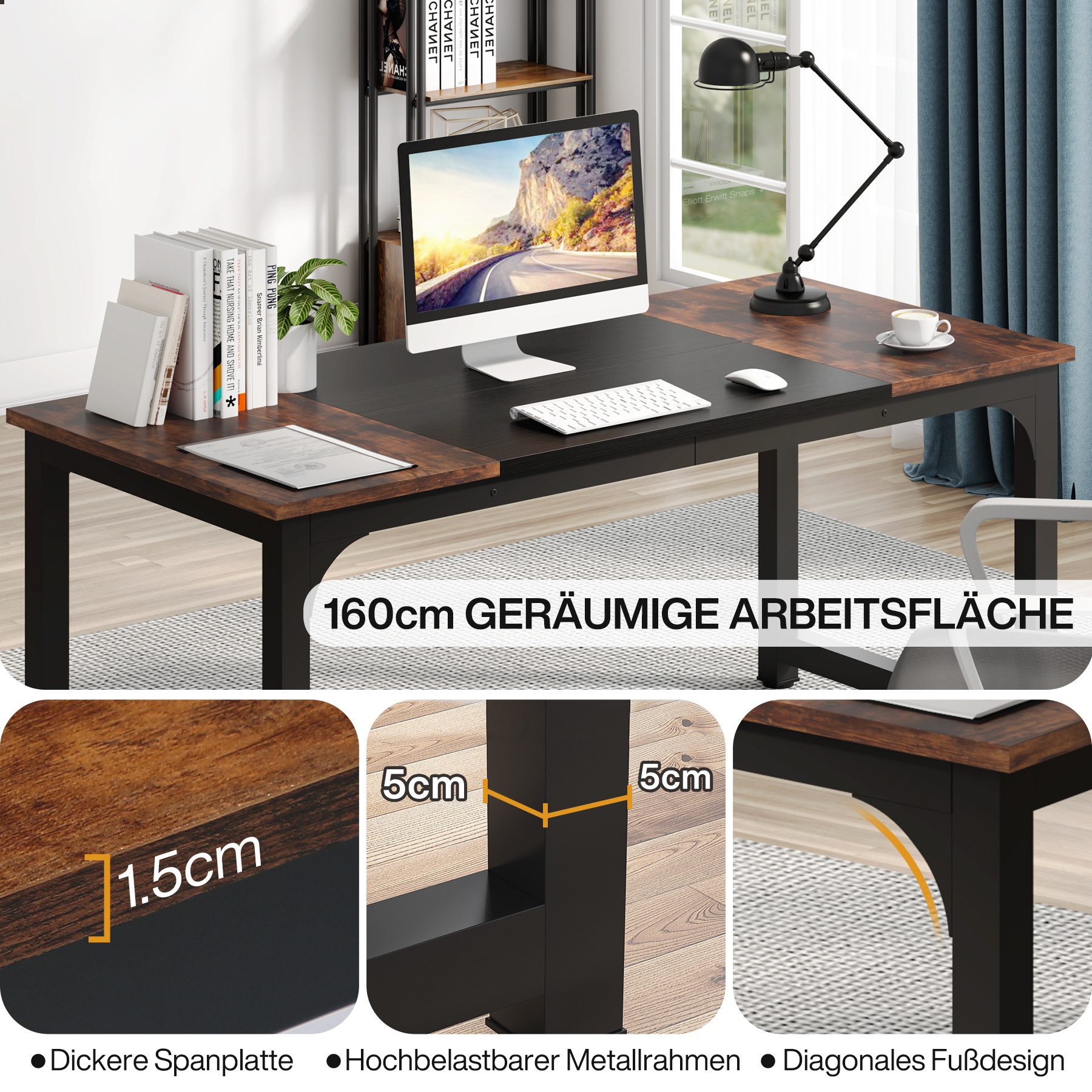 Tribesigns Arbeitstisch 160/180x80 cm, großer Industrial Computertisch für günstig online kaufen