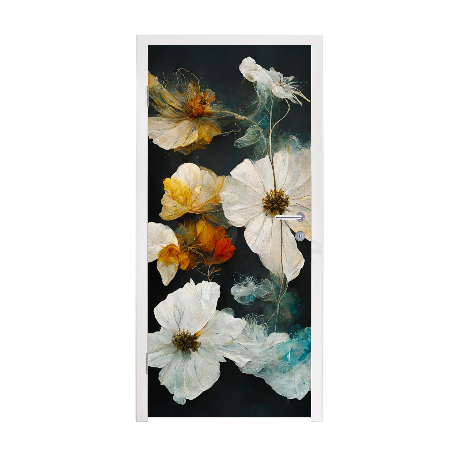 MuchoWow Türtapete Blumen - Pflanzen - Schwarz - Weiß, Matt, bedruckt, (1 St), Fototapete für Tür, Türaufkleber, 75x205 cm