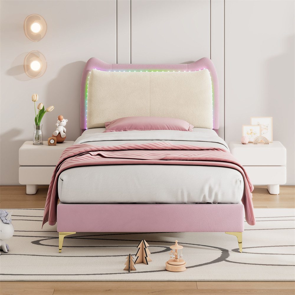 XDeer Kinderbett Polsterbett mit mehrfarbigen, wechselnden LED-Streifen, mit Holzlatten Einzelbett, Samt Bettkopfteil, 90x200cm