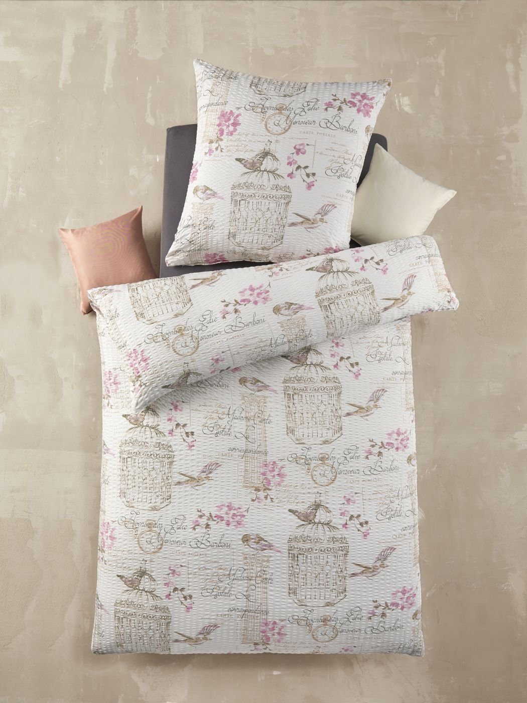 Optidream Bettwäsche Set Mikrofaser 135x200 Polyester Bird weiss beige rose, Mikrofaser, 2 teilig, Geschenk Idee Frauen Männer neue Wohnung Hochzeit Frühjahr sale