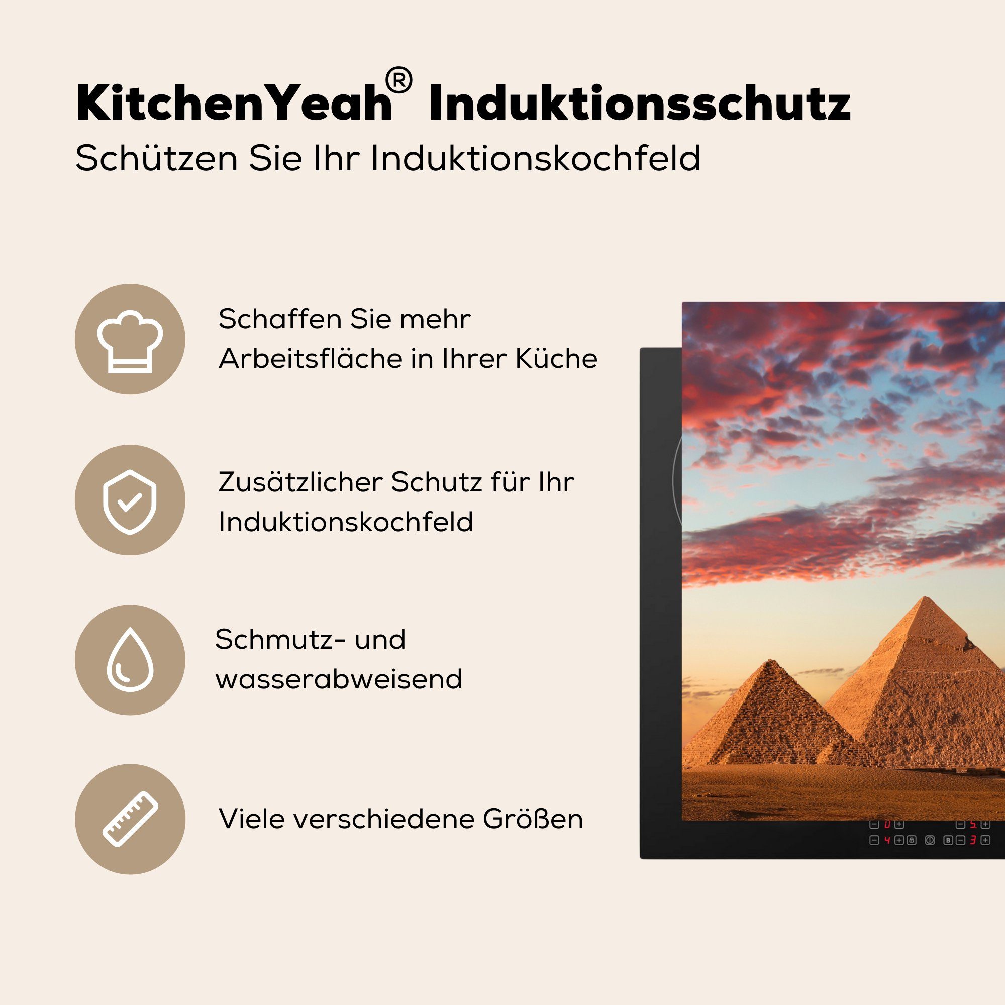 - - Herdblende-/Abdeckplatte für Pyramide Arbeitsplatte (1 Ägypten küche cm, 78x78 Vinyl, Wolke, tlg), Ceranfeldabdeckung, MuchoWow