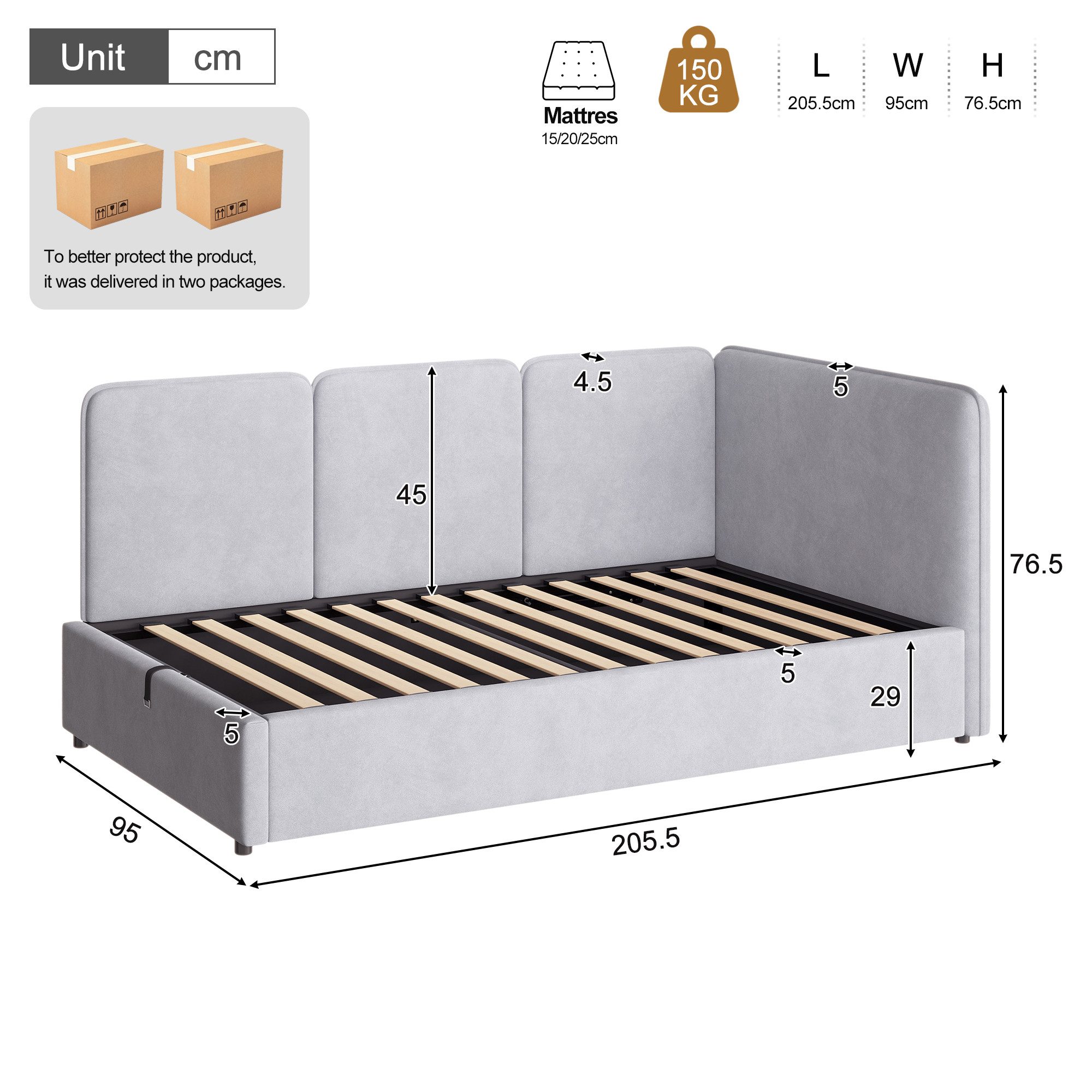 Celya Polsterbett Daybett, Tagesbett 90x200 cm mit hydraulischem Stauraum (ohne Matratze, flexibel montierbare Seitenlehne), Geeignet für Schlafzimmer, Jugendzimmer, Kinderzimmer