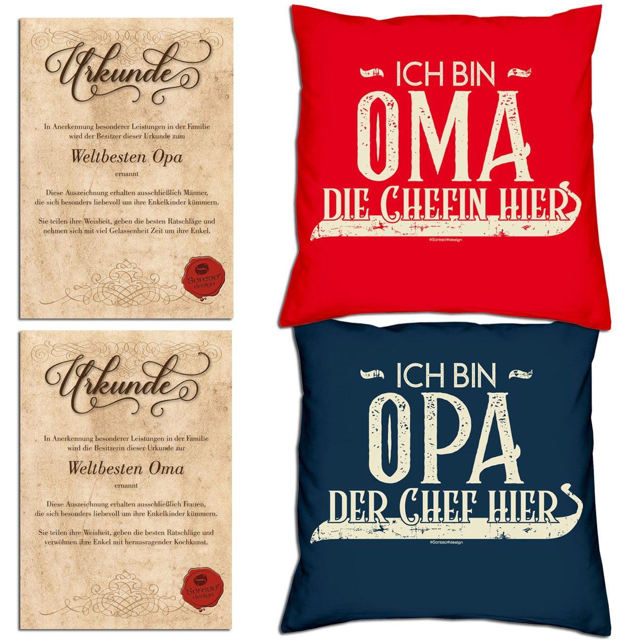 Soreso® Dekokissen Kissen-Set Ich bin Opa der Chef hier Ich bin Oma die Chefin hier mit Urkunden, Weihnachtsgeschenk für Großeltern rot