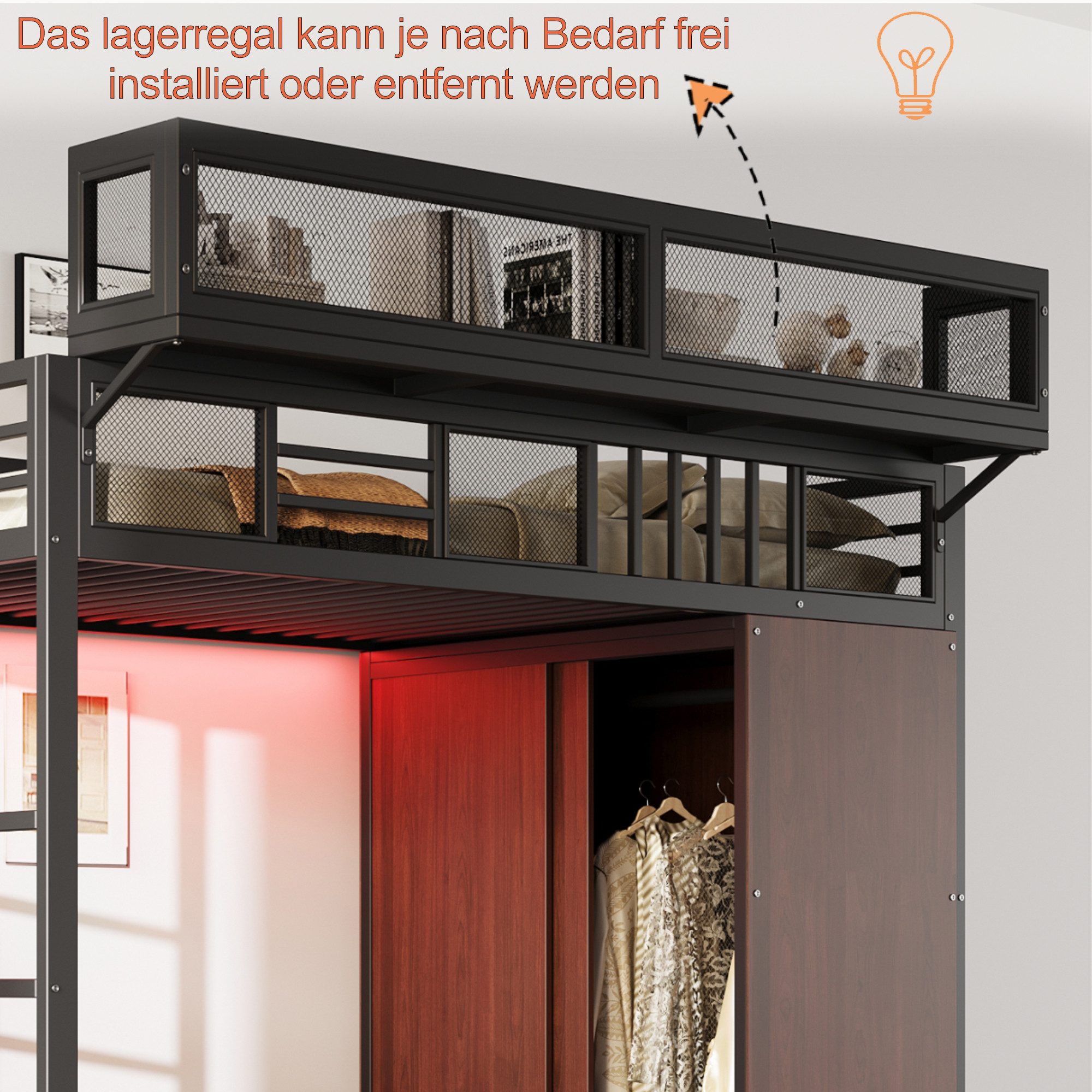 Merax Hochbett 90×200cm mit LED-Beleuchtung (Loftbett, 1-St., Jugendbett Einzelbett Mehrzweckbett) Metallbett Kinderbett mit Kleiderschrank, Stauraumtreppe & Ab – Bild 4 von 5