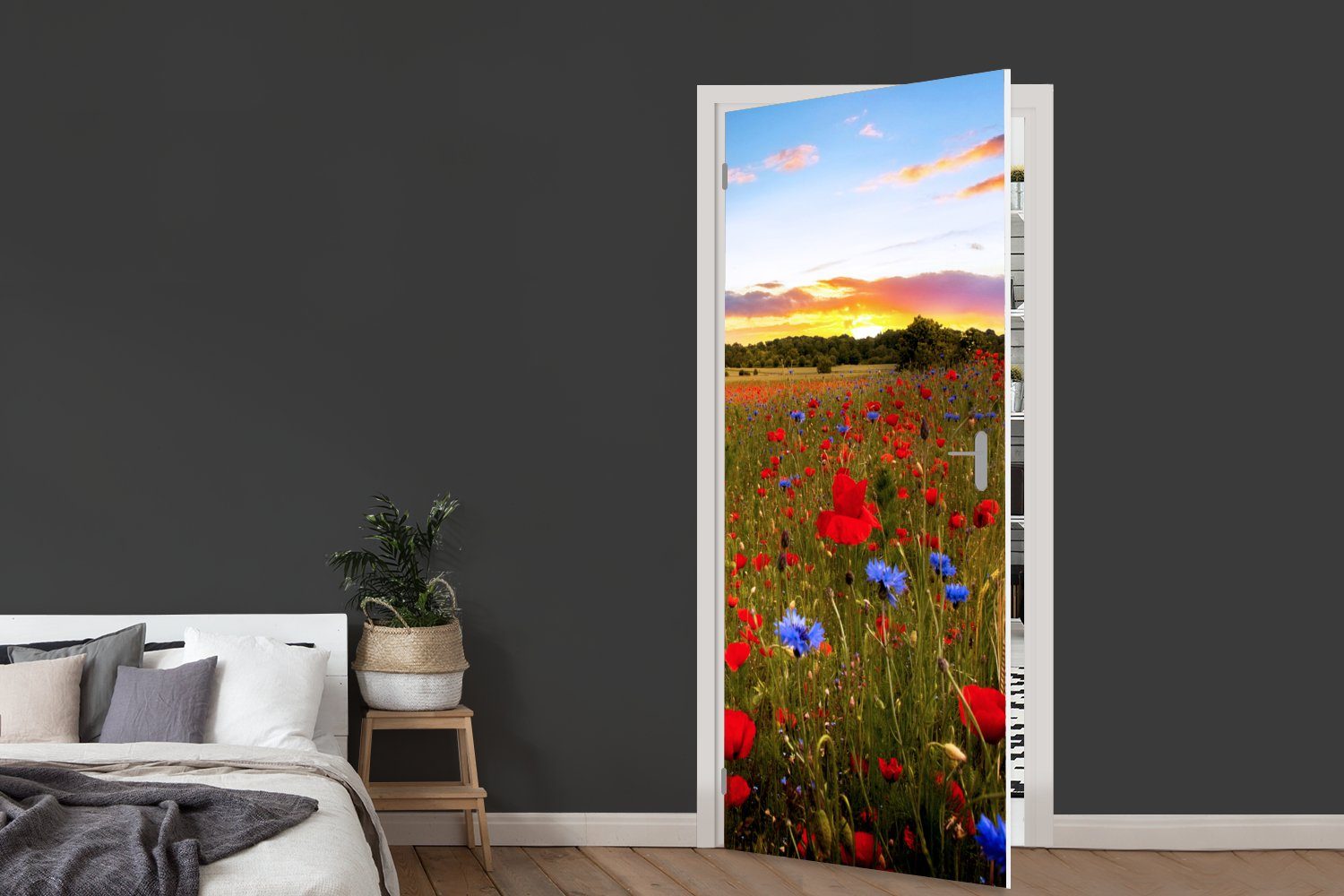 für Blumenwiese St), cm - Matt, Türtapete bedruckt, Tür, MuchoWow Mohnblumen 75x205 Türaufkleber, Fototapete (1 Rot, -