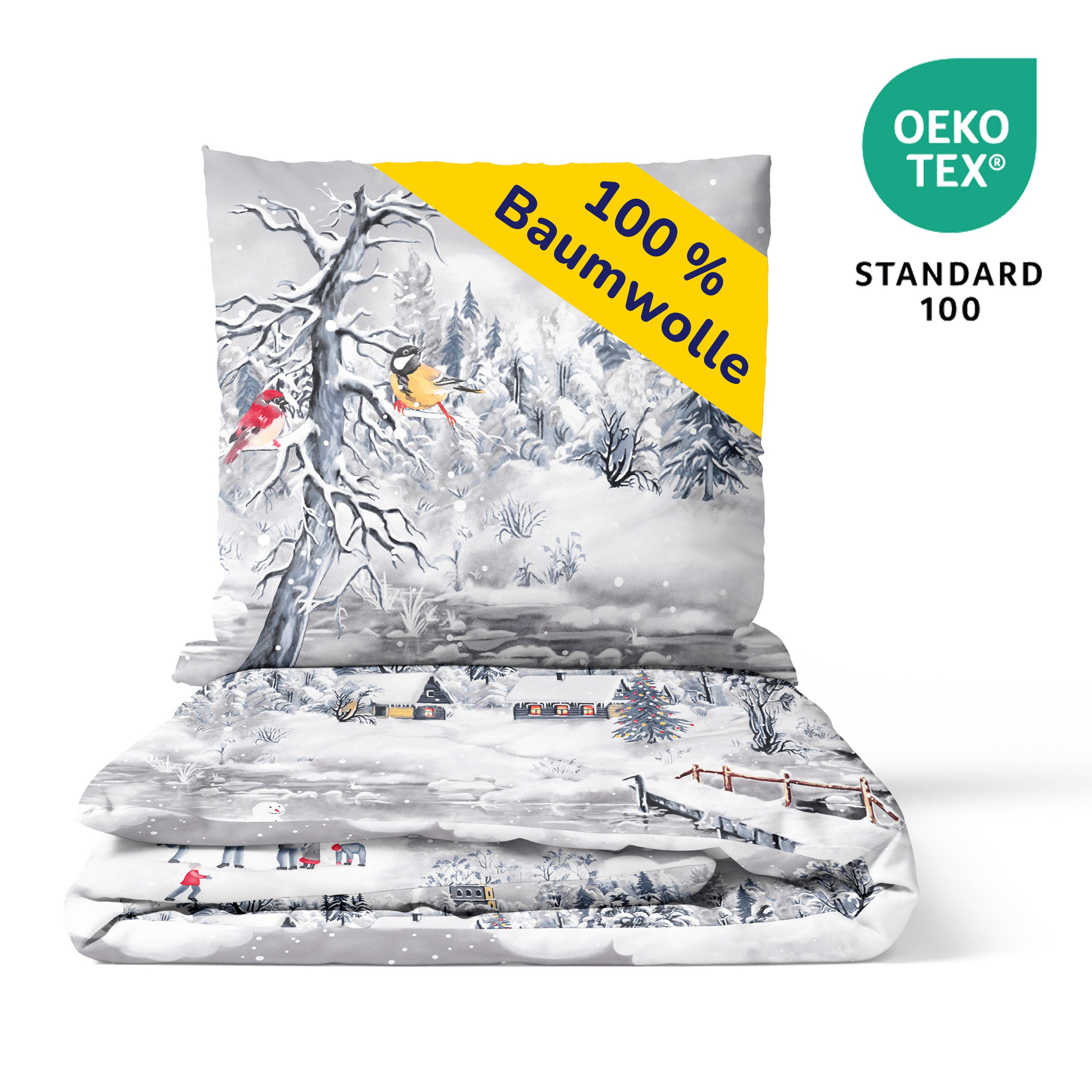 Träumschön Bettwäsche Biber 135x200 cm oder 155x220 cm, Weihnachten Schneelandschaft, Biber, 2 teilig, mit Reißverschluss, 100% Baumwolle, kuschelig warm im Winter
