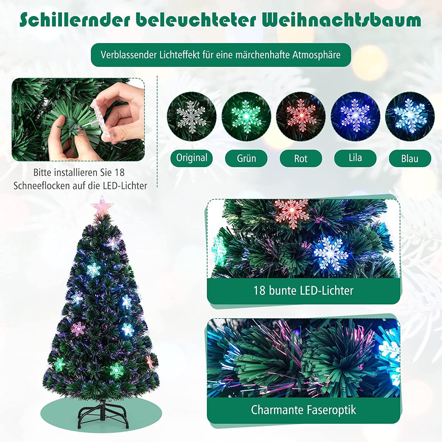 COSTWAY Künstlicher Weihnachtsbaum, mit 125 PVC Nadeln, 18 LEDs, Sternspitze