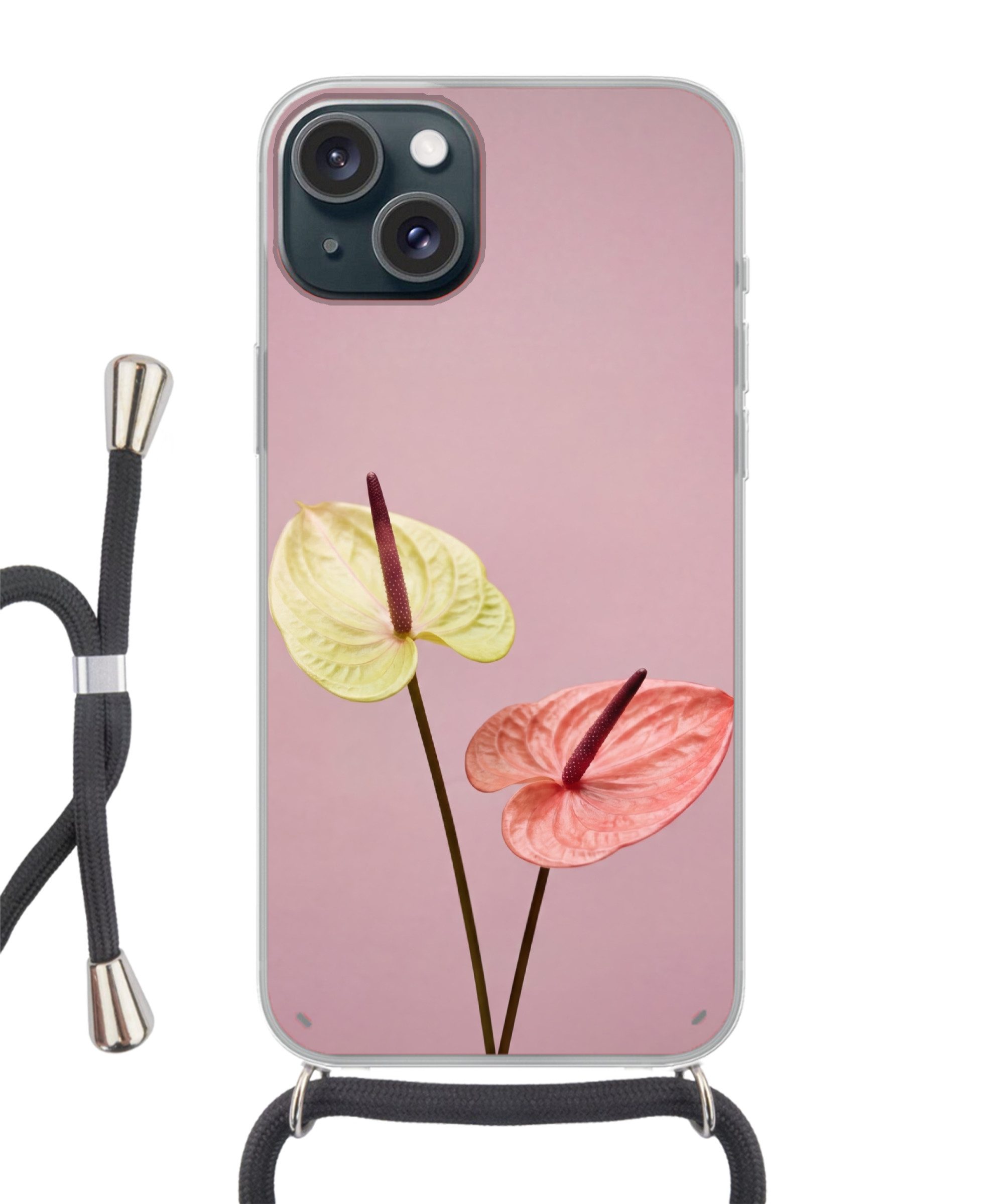 MuchoWow Handyhülle für Apple iPhone 15 Blumen - Anthurien - Gelb - Rosa, Tragbare Handyhüllen mit Kette zum umhängen, Handykette Handyband