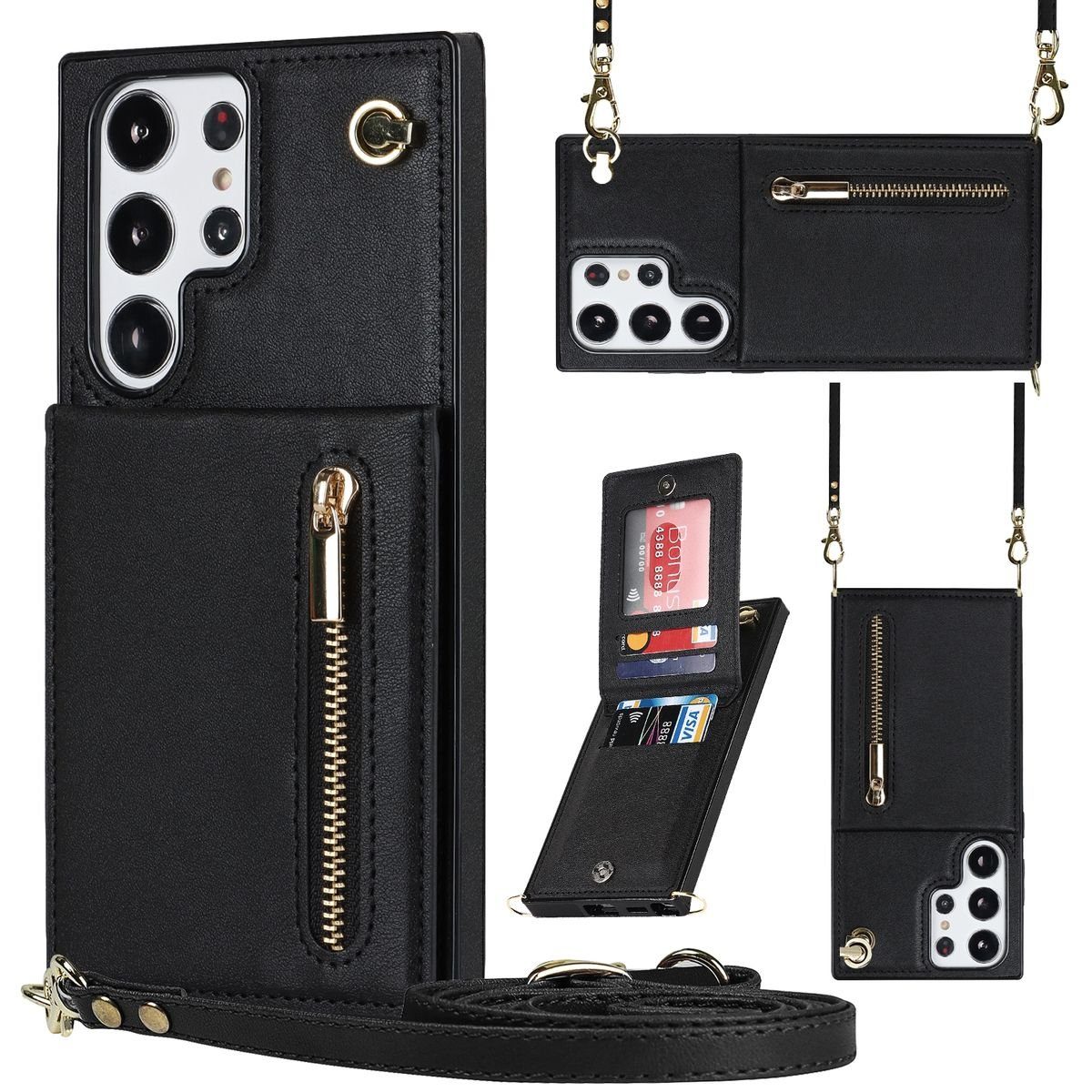 Handyhülle Für Samsung Galaxy S23 Ultra 5G Multifunktion Handy Tasche Geldbörse Hülle Etuis Schwarz