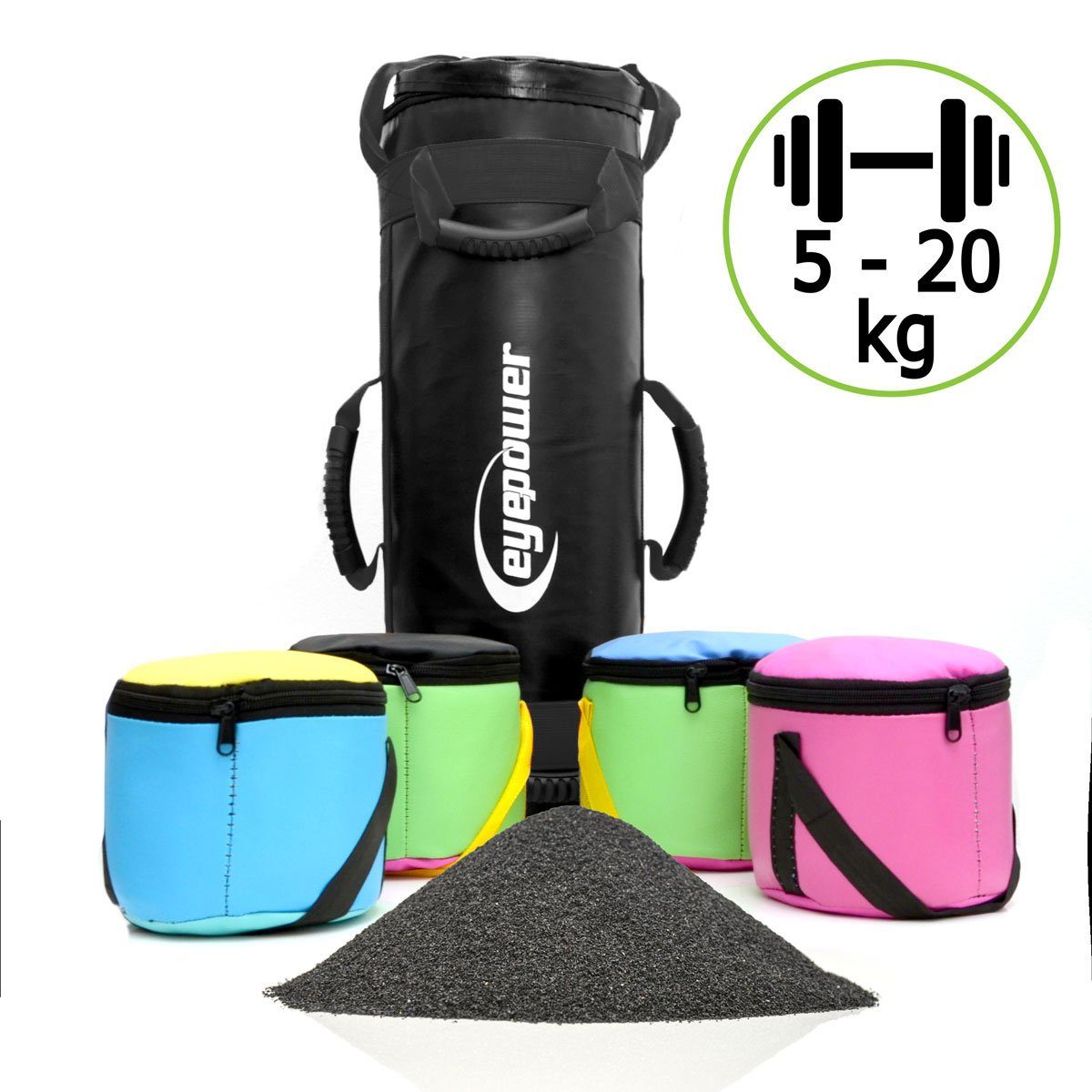 eyepower Gewichtssack 20kg Power Bag mit 4 Kettlebell Gewichten - 20x60 Sandsack Wasserdicht, Sandbag für Krafttraining, Functional Training und Ausdauer Workout
