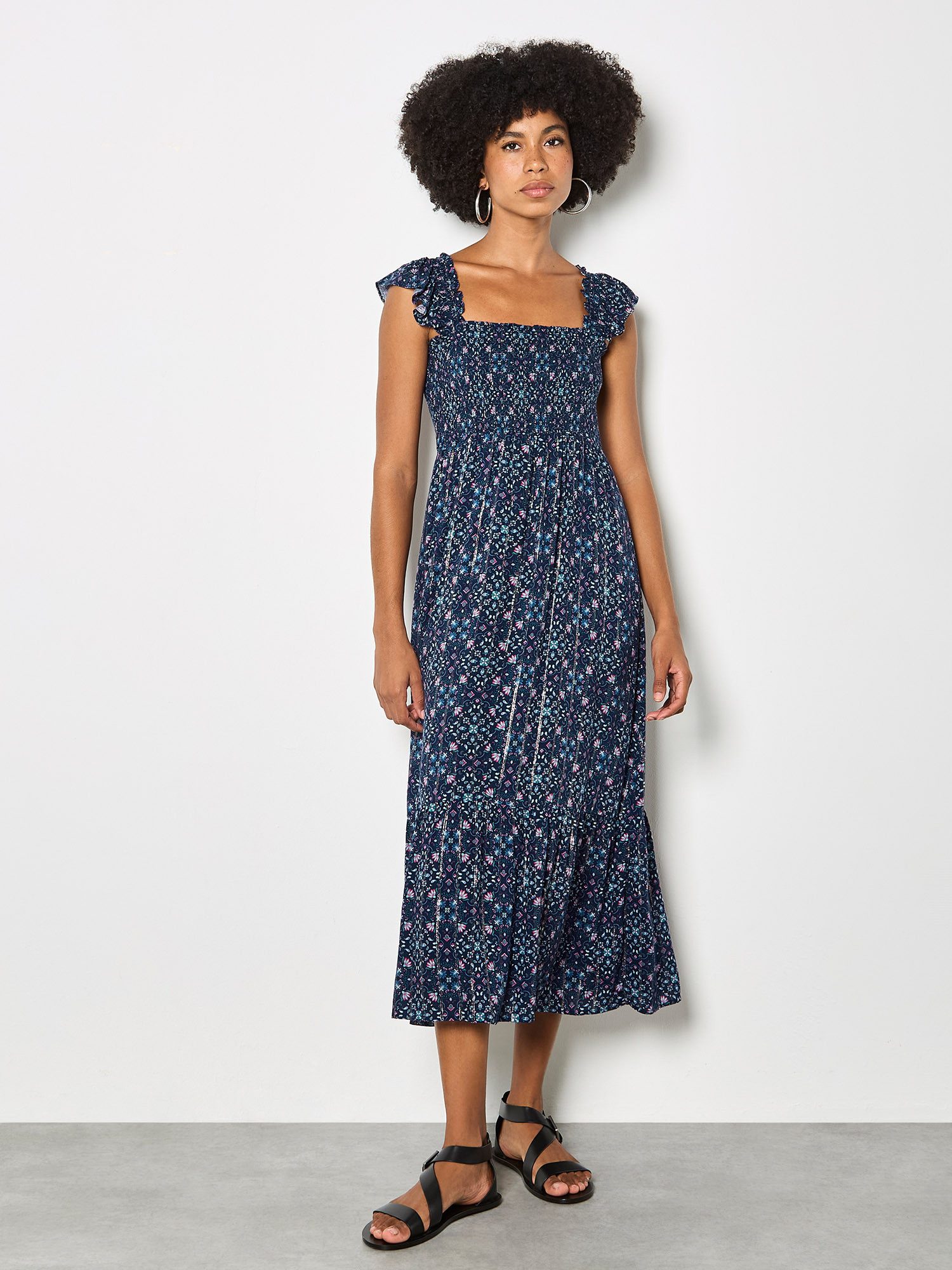 Apricot Smokkleid Folk Floral Metallic Midi-Kleid günstig online kaufen
