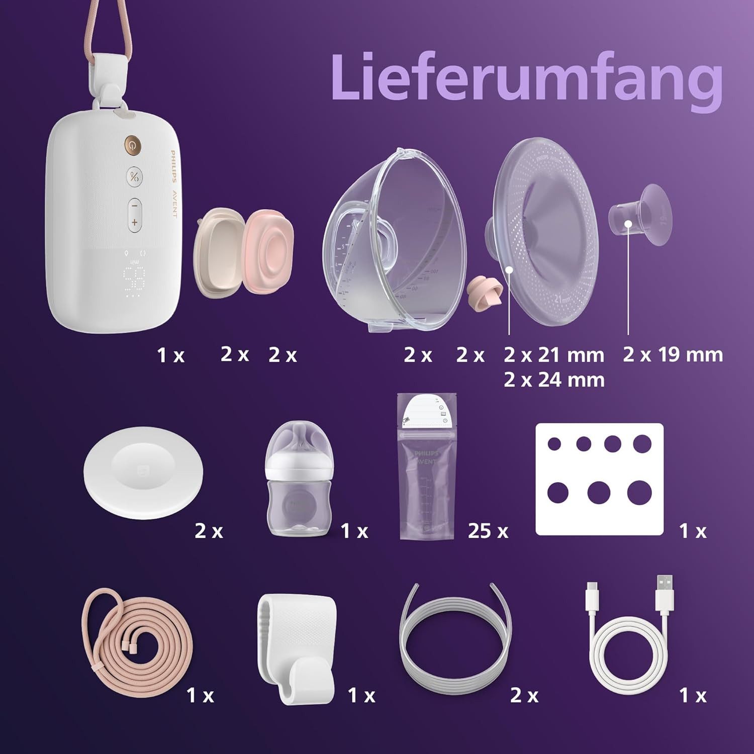 Philips AVENT Elektrische Doppelmilchpumpe Hands-free Motor in Krankenhausqualität, 2-tlg., bis zu 85 Pumpbewegungen pro Minute, 2 Auffangschalen, SCF547/11, spiegelt den Trinkrhythmus des Babys wider
