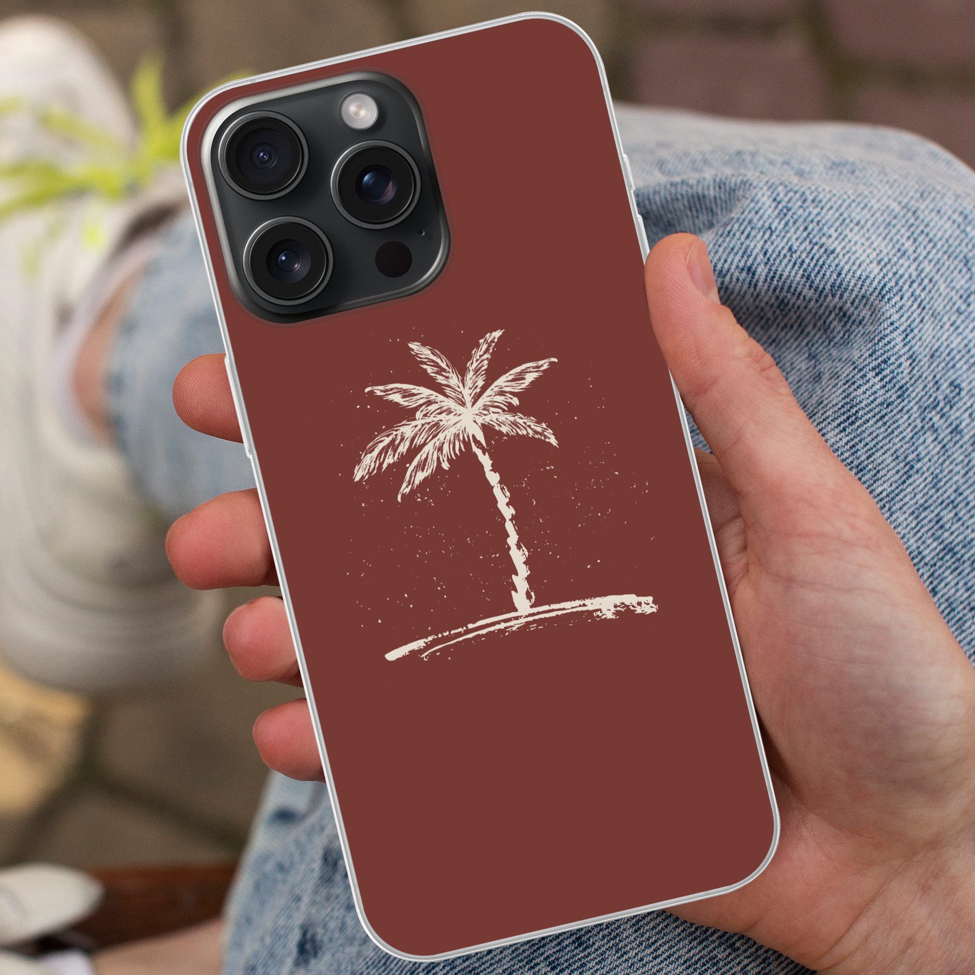 MuchoWow Handyhülle für Apple iPhone 15 Pro Max Palme - Beige - Rot - Tropisch, Smartphone-Bumper, Print, Handy Schutzhülle Dünn
