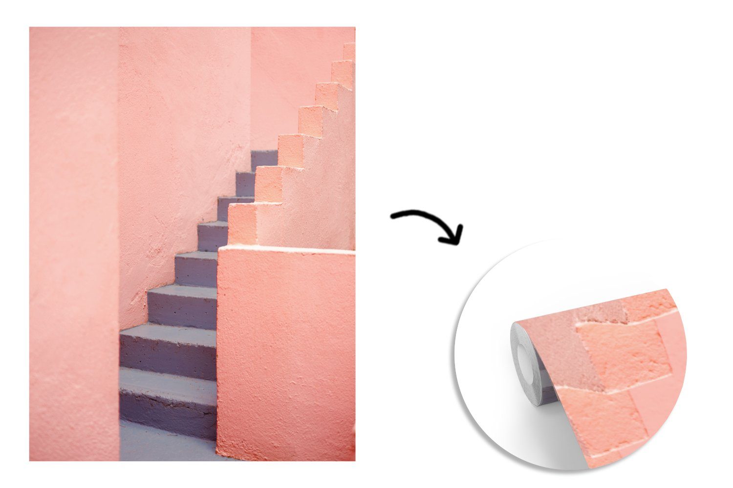 Architektur bedruckt, Montagefertig - Tapete für Matt, Wohnzimmer, MuchoWow - Vinyl Treppe Fototapete St), Pastell, Wandtapete Rosa - (4
