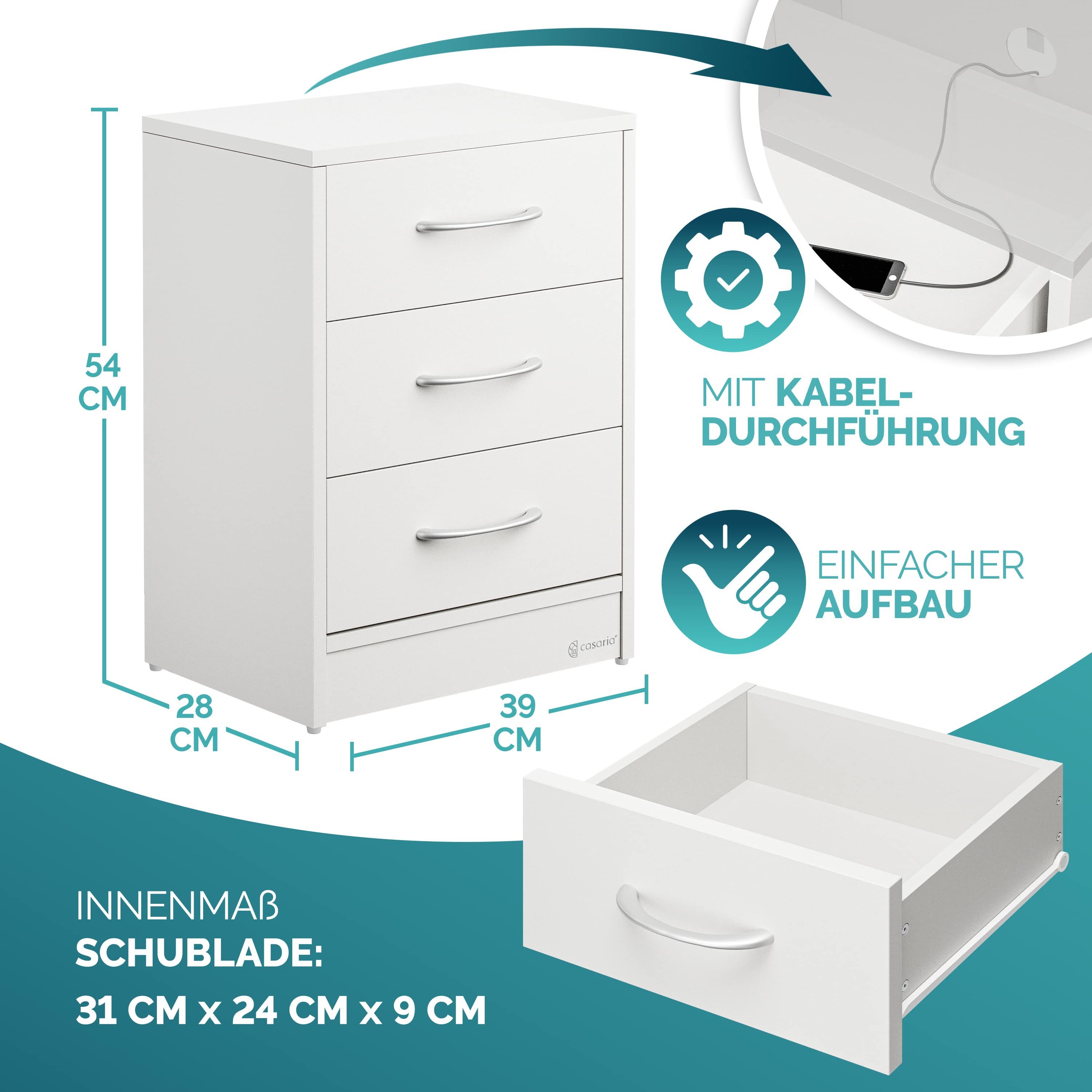 Casaria Nachttisch Eloise (1-St), mit 3 Schubladen Kabelführung Wandbefestigung Boxspringbett