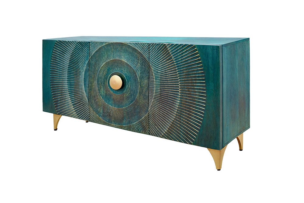 riess-ambiente Sideboard GOLDEN SUNSET 140cm türkis/gold - Massivholz, 3D-Front, Soft-Close (Einzelartikel, 1 St), handgefertigt mit viel Stauraum – ideal für Wohnzimmer & Esszimmer