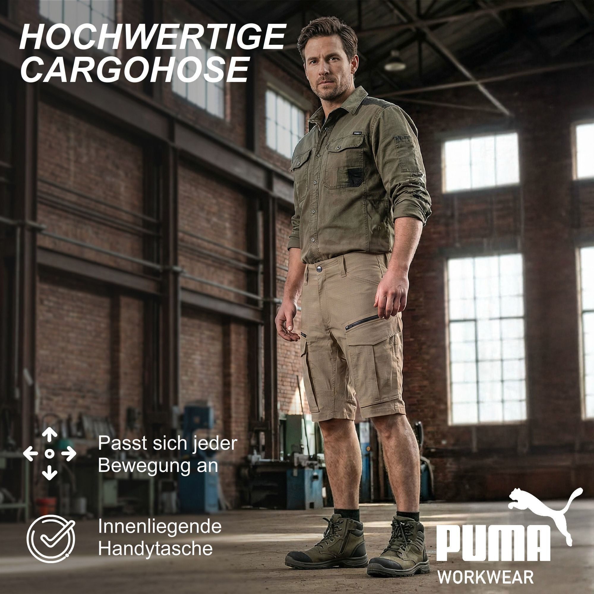 PUMA Workwear Cargoshorts kurze Arbeitshose Herren - Robuste Shorts mit Stretch & Ripstop-Gewebe Gummizug im Bund - Erhöhtes Rückenteil - Hammerschlaufe - Handytasche