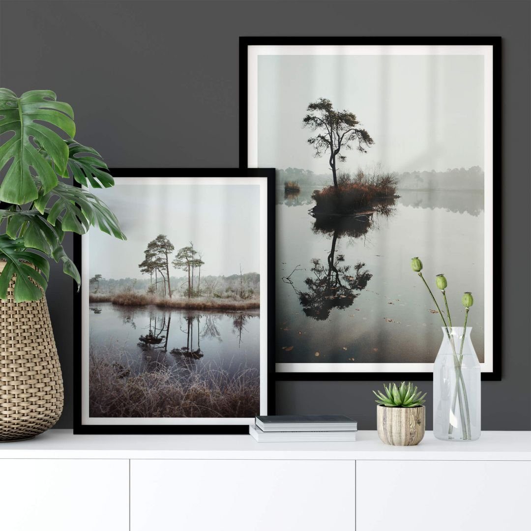 Poster Art 2er Wohnzimmer Deko Poster + Bilderrahmen Wald Set, Wall modern See Collage Wandbild am Herbst K&L