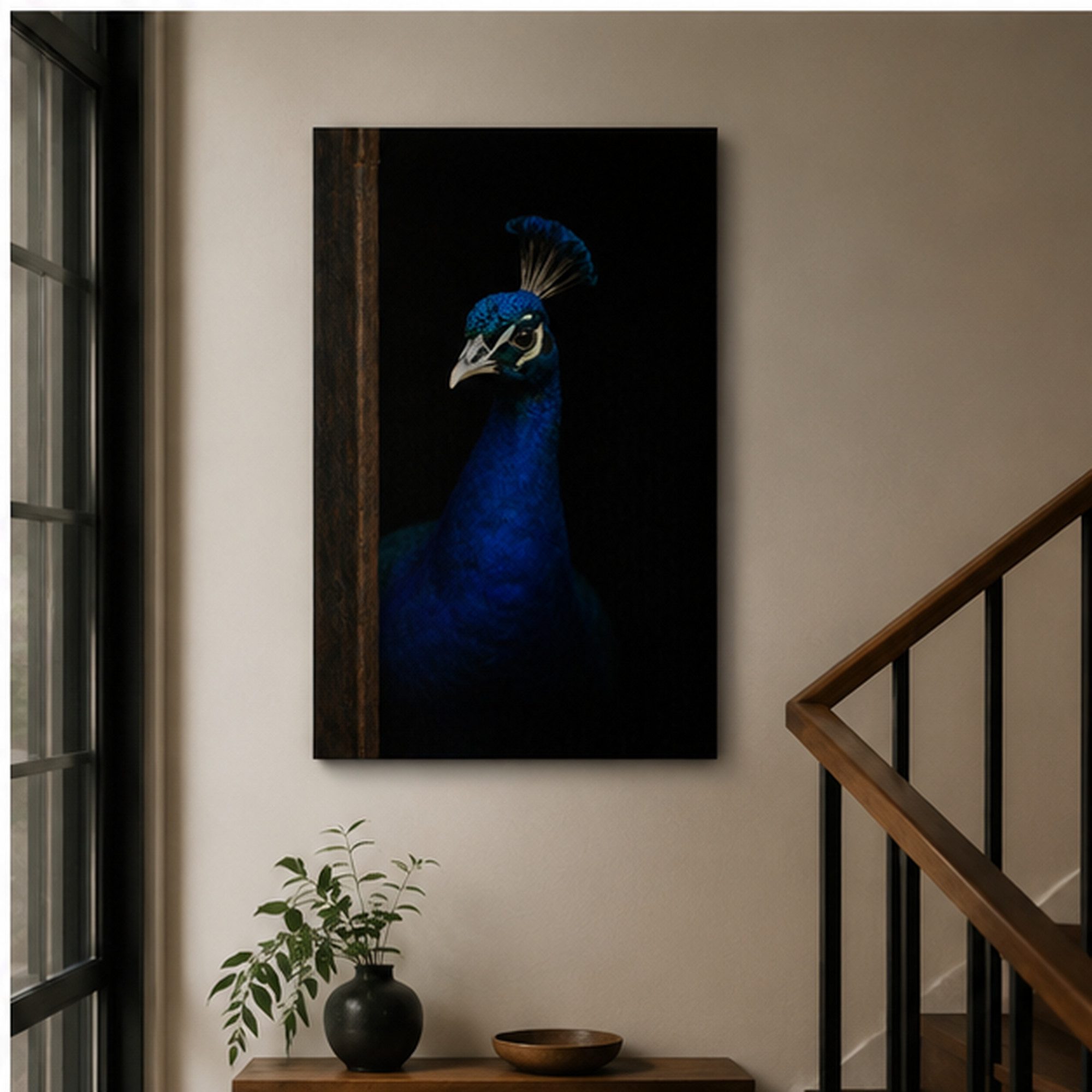 UNUS HOME Wanddekoobjekt Leinwandbild Pfau Portrait gerahmt (60 cm hoch), Tierportrait, Wandbild, Pfau, Deko