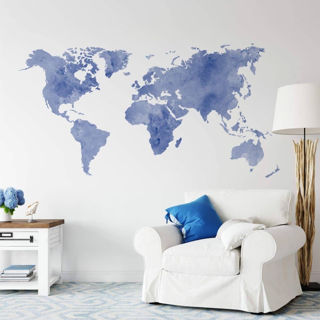 K&L Wall Art Wandtattoo Klebebilder Aquarell große Weltkarte Wohnzimmer 180x92cm, Wandbild selbstklebend, entfernbar