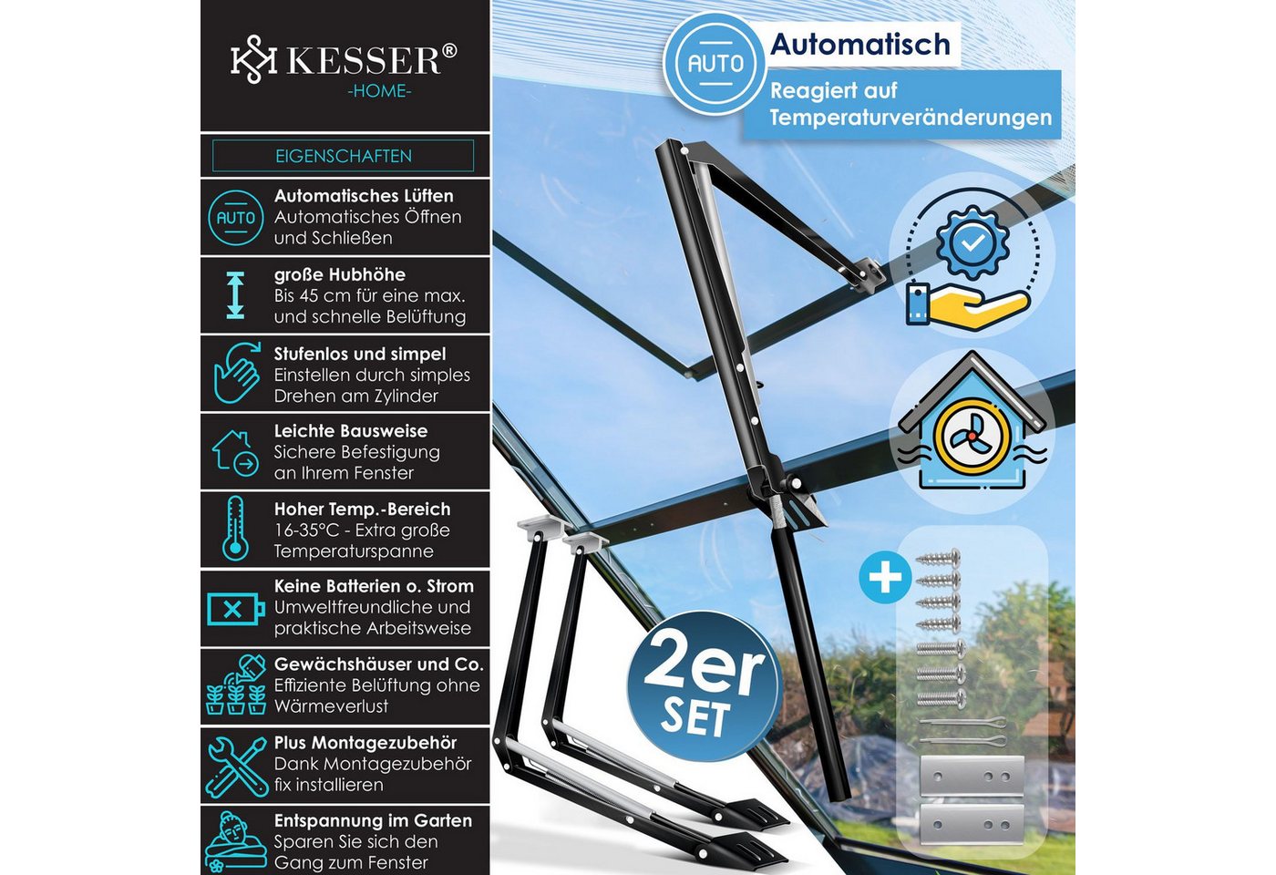 Thumbnail - KESSER Fensteröffner, Automatischer Fensteröffner für Gewächshaus 7,5 kg Hubkraft