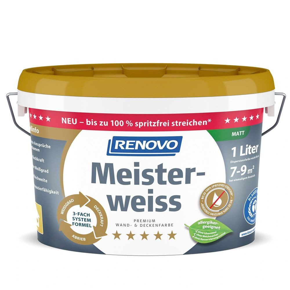 Renovo Wandfarbe Renovo Premium Wand- und Deckenfarbe Meisterweiss matt 1,0 Ltr.