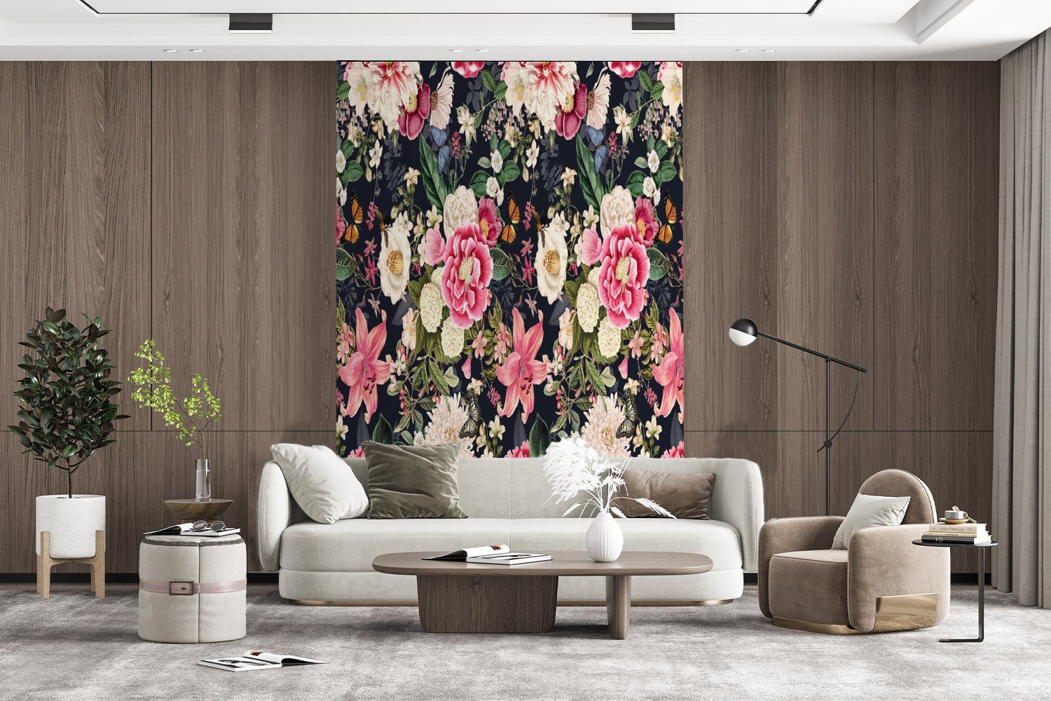 (3 Wohnzimmer, Matt, Wandtapete - Vinyl Collage, Montagefertig Tapete Blumen - Anemone St), Lilie - für MuchoWow bedruckt, Fototapete