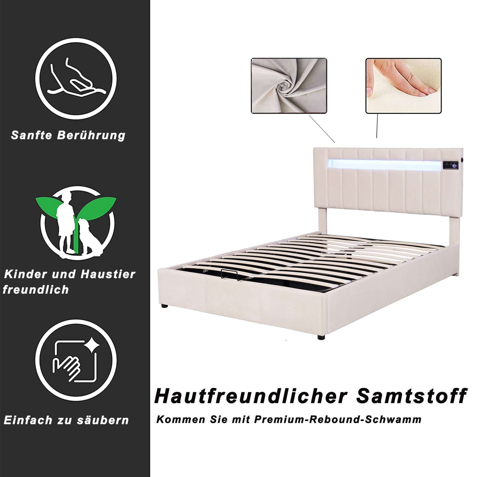 Holzbett USB-Laden 140x200cm Flieks LED-Licht hydraulisches Samt beige Polsterbett,