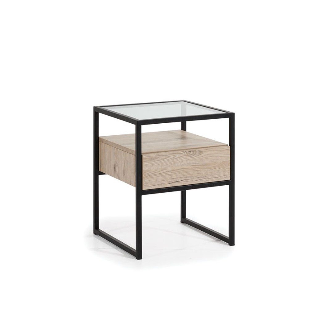 JVmoebel Nachttisch Moderner Nachttisch mit Glasplatte und Metallgestell in Holzoptik (1-St., 1x Nachttisch), Made in Europa