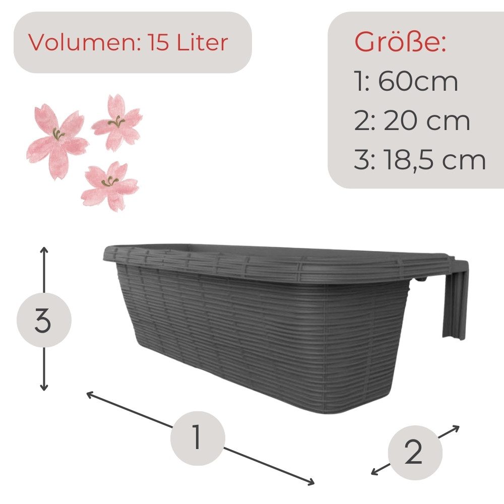 GarPet Balkonkasten Blumenkasten Balkon Balkonkasten mit Halterung Geländerkasten 60 cm