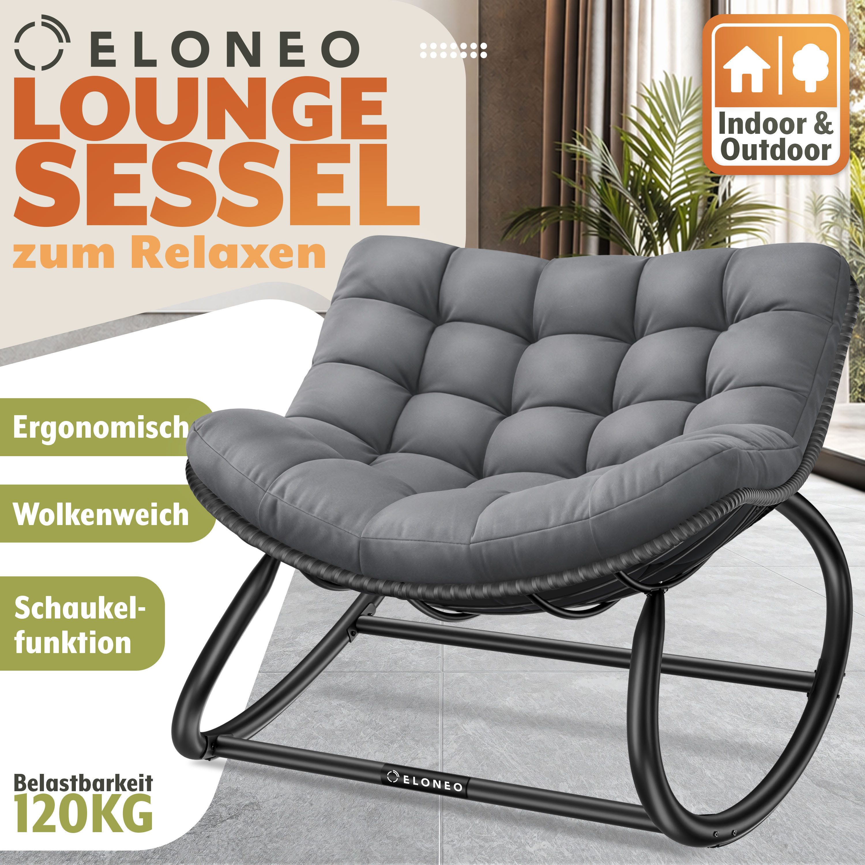 ELONEO Schaukelstuhl – Relax Schaukelsessel für Garten & Balkon (kippsicher, max. Belastung 120kg, witterungsbeständig), ergonomischer Loungesessel / Relaxsessel für Garten & Wohnzimmer