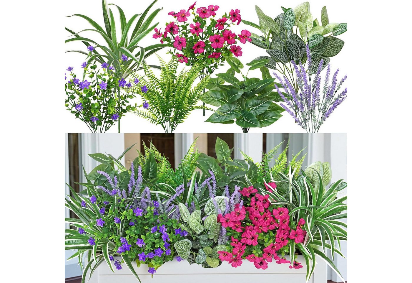 Kunstblumenstrauß 19 Stück Kunstpflanze Outdoor Wetterfest Künstliche Balkonpflanzen, Zaewry, für Balkonkasten Innen Außenbereich Outdoor Garten Deko