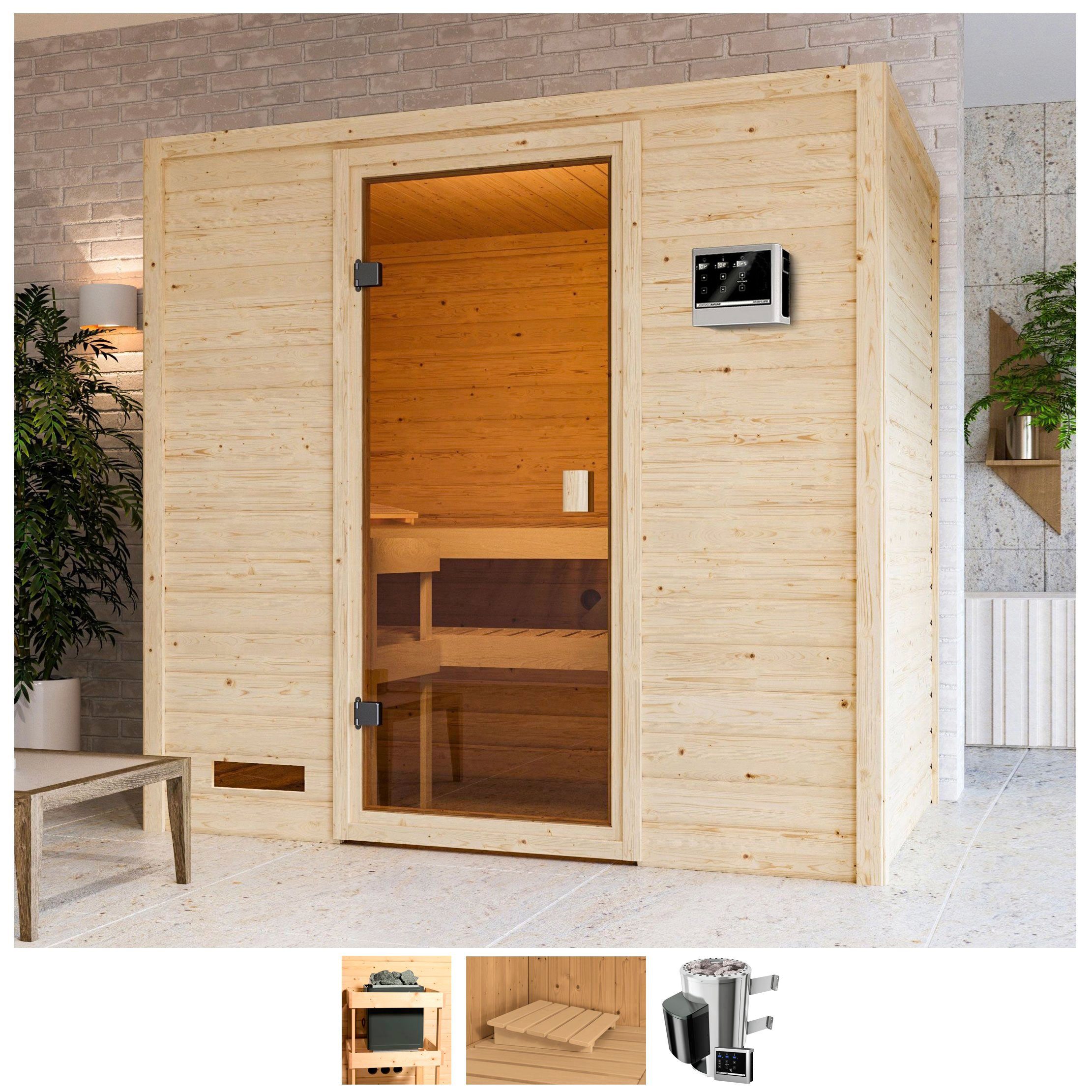 welltime Sauna Sunie, BxTxH: 195 x 145 x 187 cm, 38 mm, 3,6-kW-Plug & Play Ofen mit ext. Steuerung