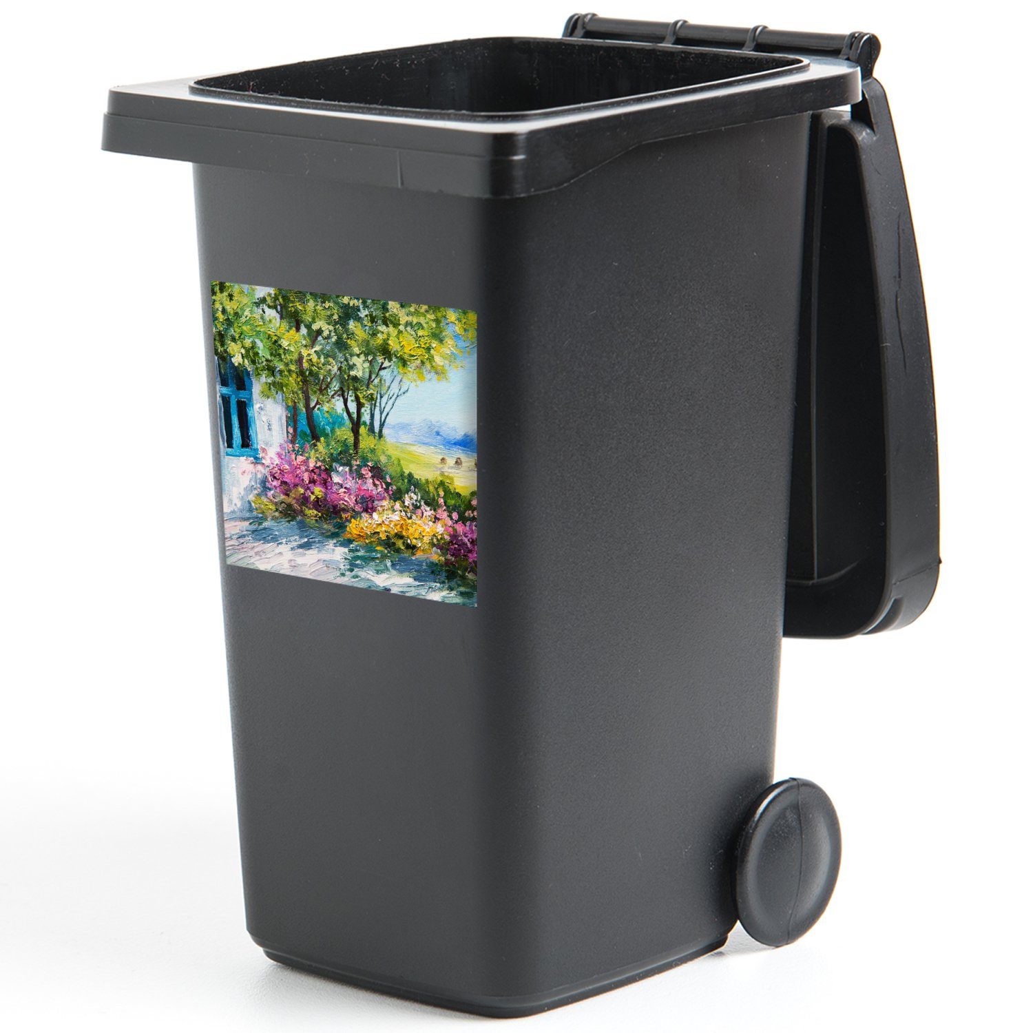 Malerei MuchoWow - Abfalbehälter - (1 Sticker, Haus Container, Mülleimer-aufkleber, Pflanzen Blumen Wandsticker St), - Öl Mülltonne, -