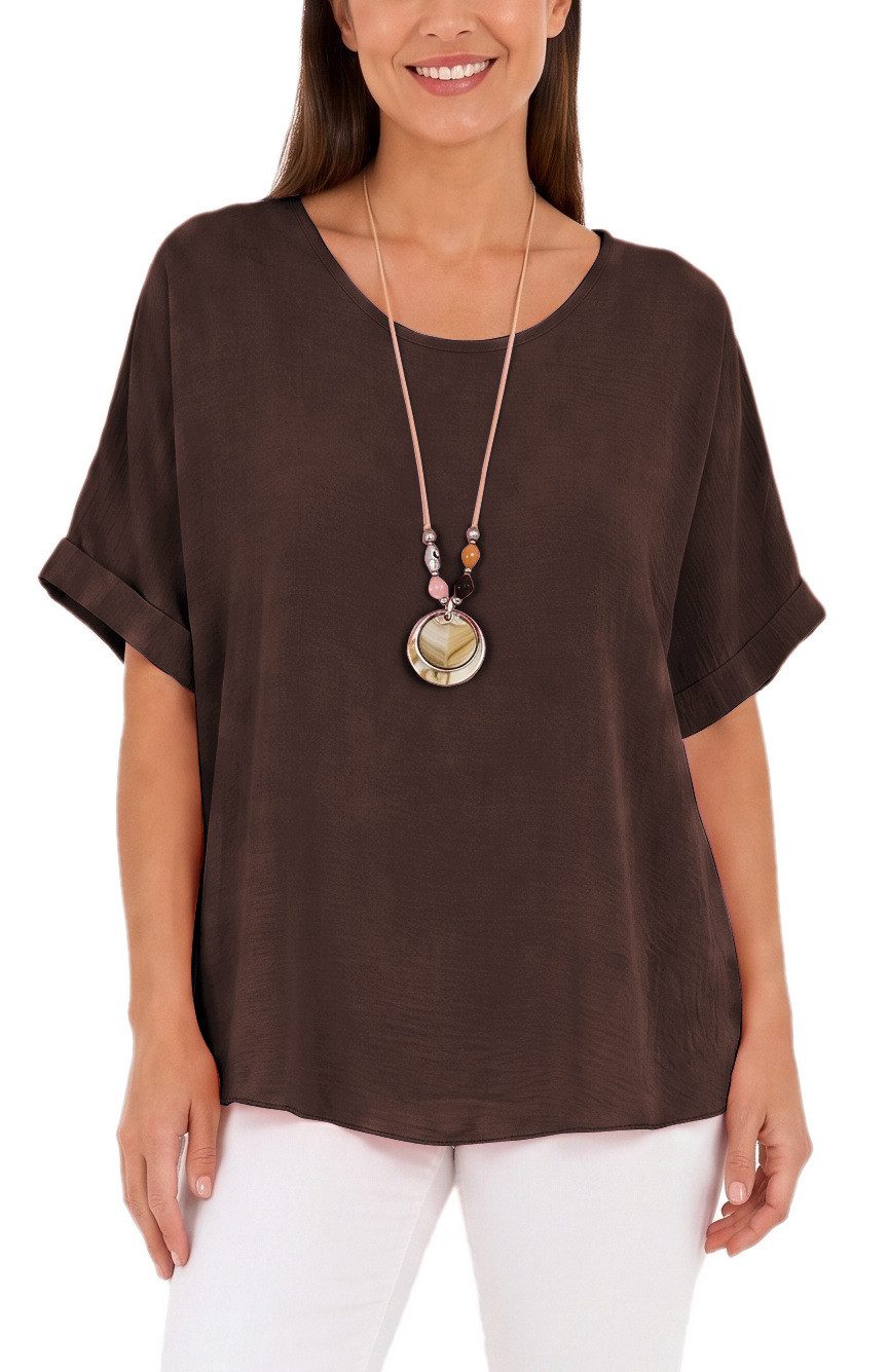 dy_mode Kurzarmbluse Kurzarmbluse Damen Blusenshirt Oberteil Oversize Tunika in Unifarbe, mit Statementkette