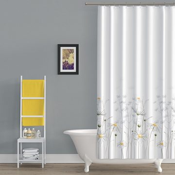 Ekershop Duschvorhang Textil Daisy Gänseblümchen Weiß und Gelb für Duschstange Breite 120 cm (inkl. Ringe), Höhe 200 cm, wasserabweisend, waschbar, bügelbar