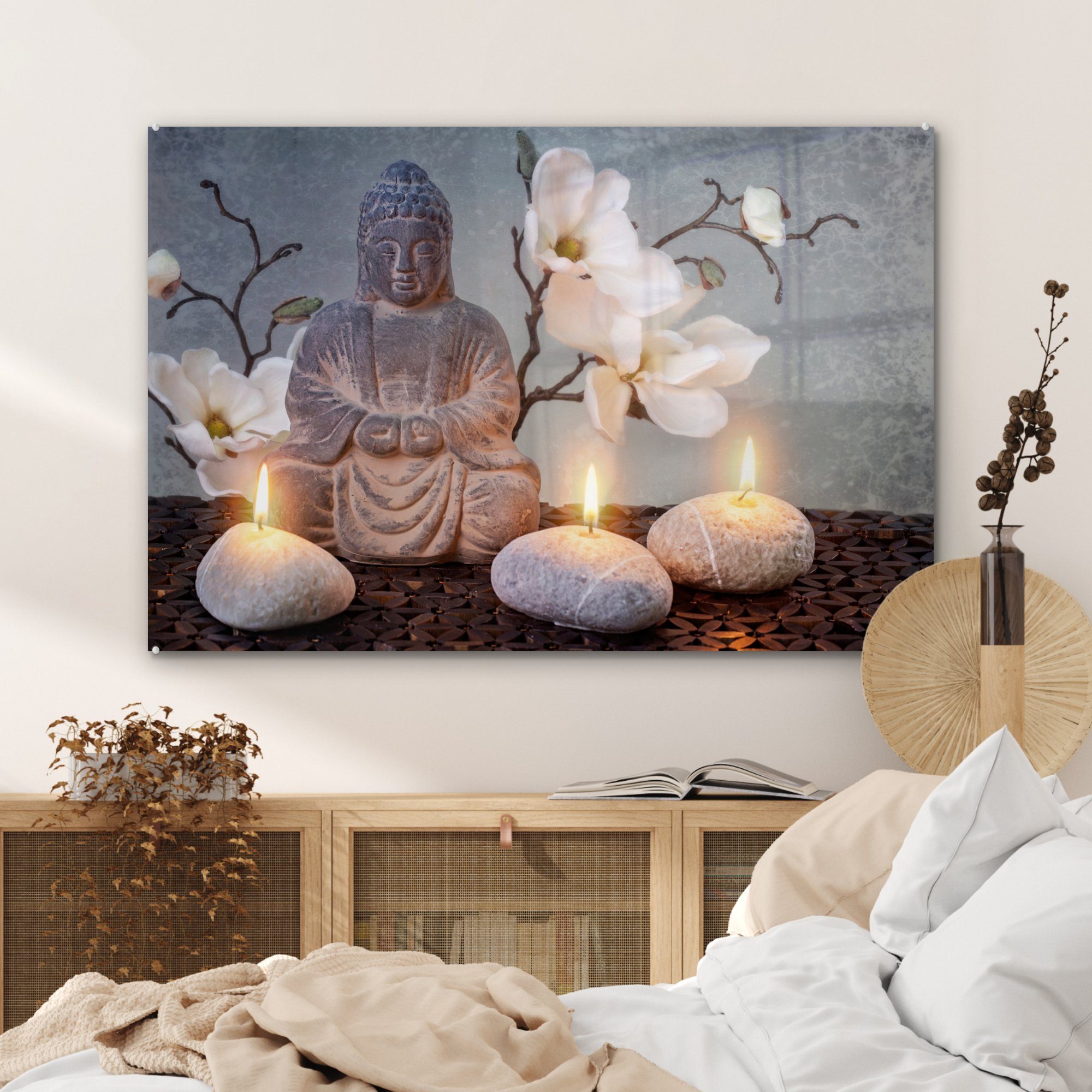 MuchoWow Acrylglasbild Buddha - Kerzen Grau, Wohnzimmer Acrylglasbilder Schlafzimmer (1 & St), 