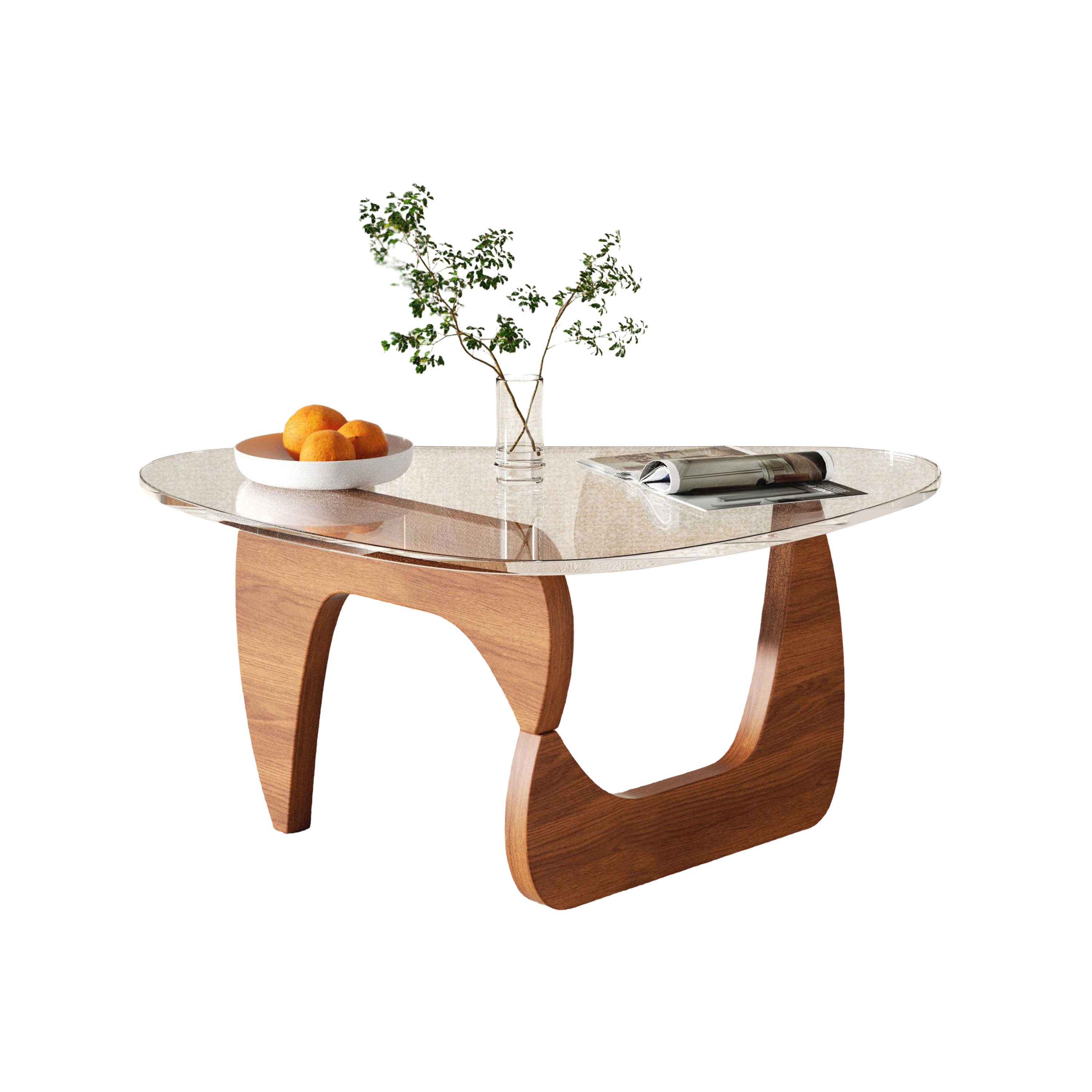 TWSOUL Couchtisch Gehärtete Glasplatte Durchsichtig Wohnzimmertisch Massivholzsockel, Dreieckiger moderner Beistelltisch, Vintage-Platte Balkon