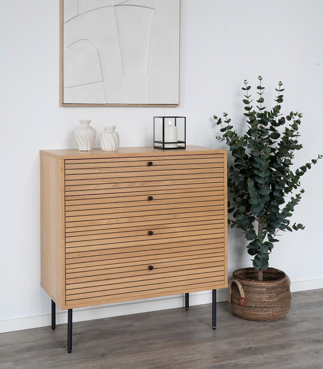 House Nordic Kommode KYOTO, Braun, Eichenholzfurnier, MDF, 4 Schubladen, B 80 x H 85 x T 40 cm